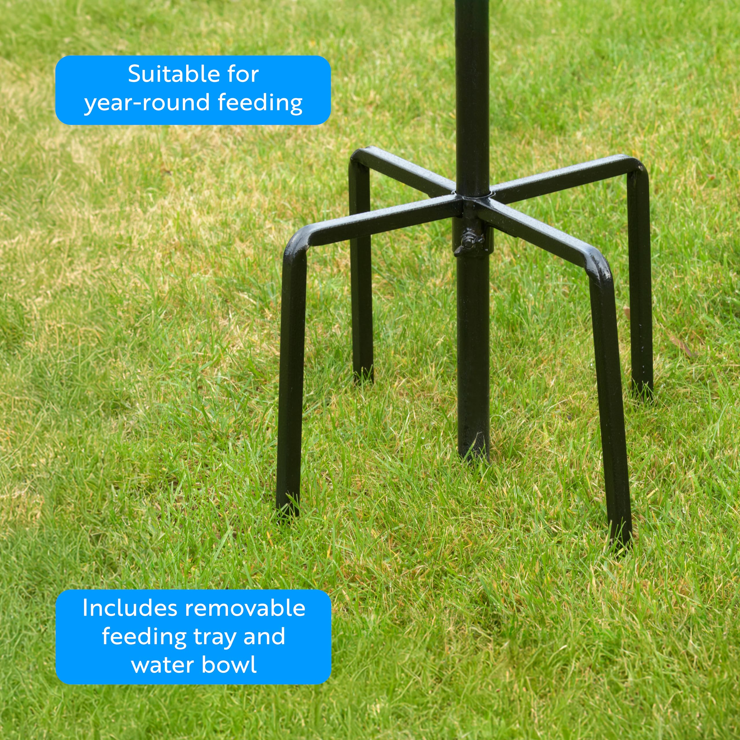 Wildvogel-Futterspender zum Aufhängen – Premium-Vogelfutterstation mit acht Haken, freistehende Metallstange für Garten und Außenbereich, inklusive Wasserschale und Futterschale (schwarz) (2,2 m x 25
