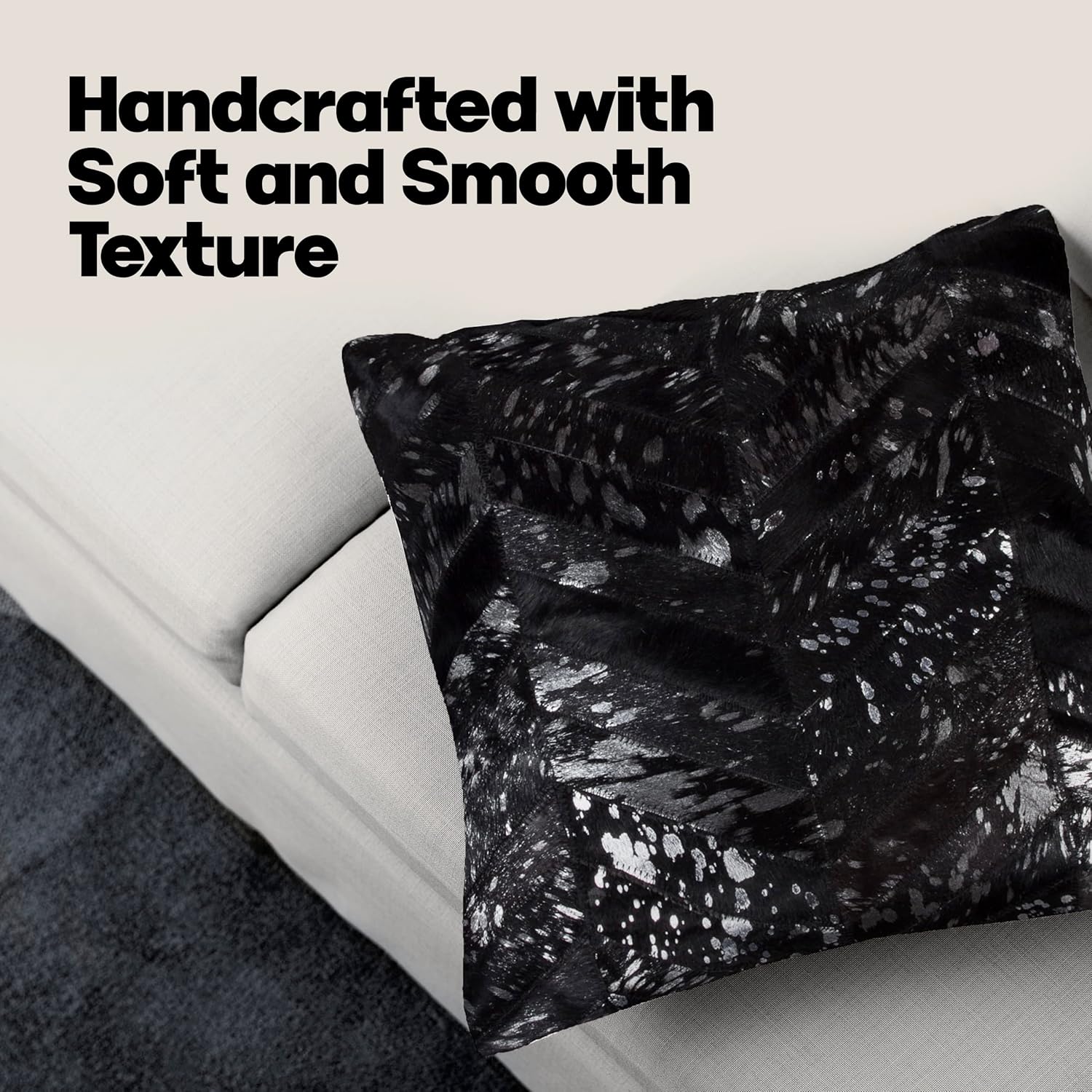 Natural Torino Cowhide Throw Pillows with Poly Insert | Quattro Accent Pillows Handcrafted from 100% Cow Hide, Silver/Black, 18 in x 18 in