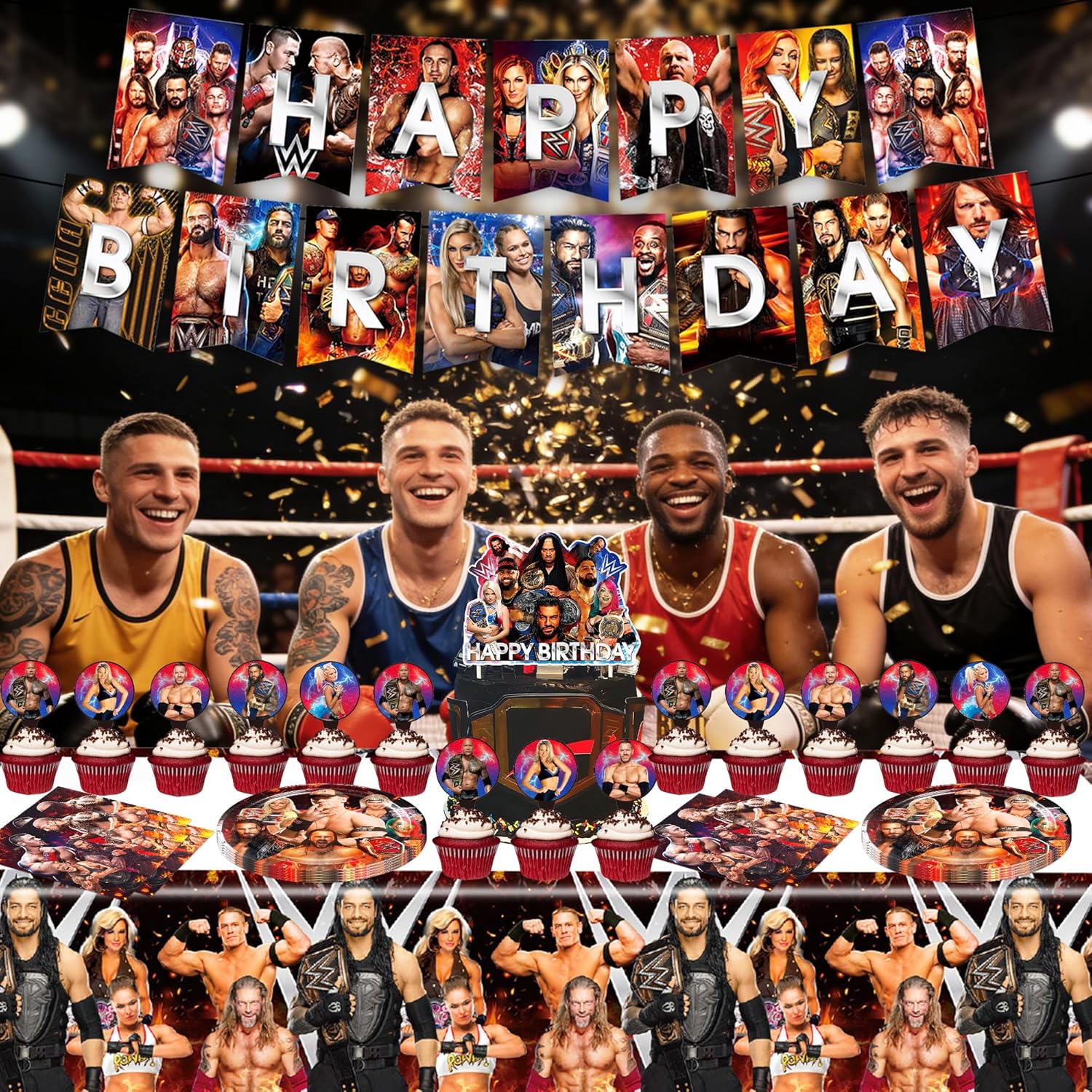Wrestling Birthday Supplies, 55Pcs Wrestling Decorations include Banner, Tablecloth, cake topperPlates and Napkins for Teens Kids Party Decor