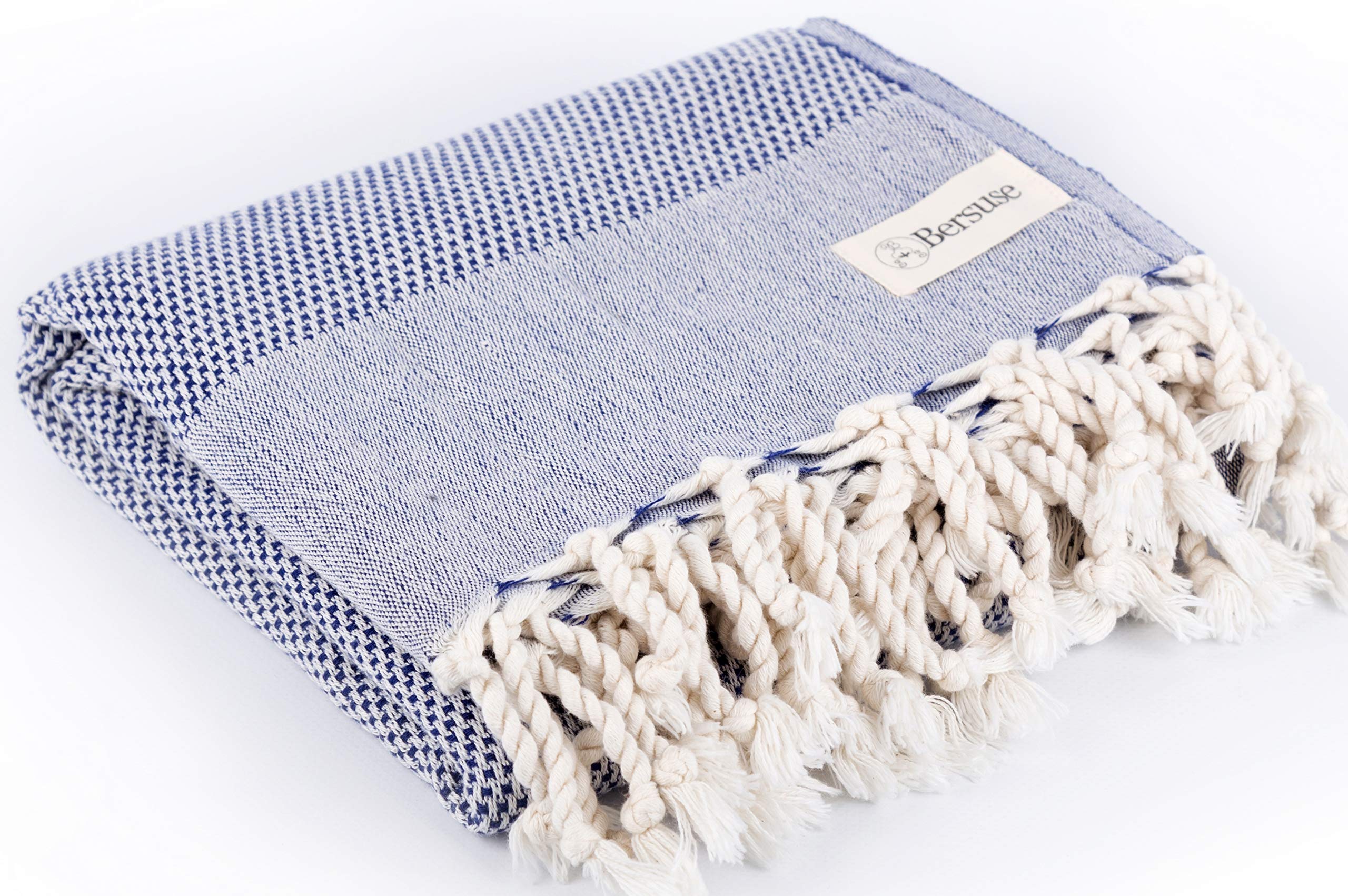 Bersuse 100% Coton - Ventura Serviette Turque - Drap de Bain, Serviette de Plage - Fouta Peshtemal - Oeko-TEX - 95x175 cm, Bleu foncé