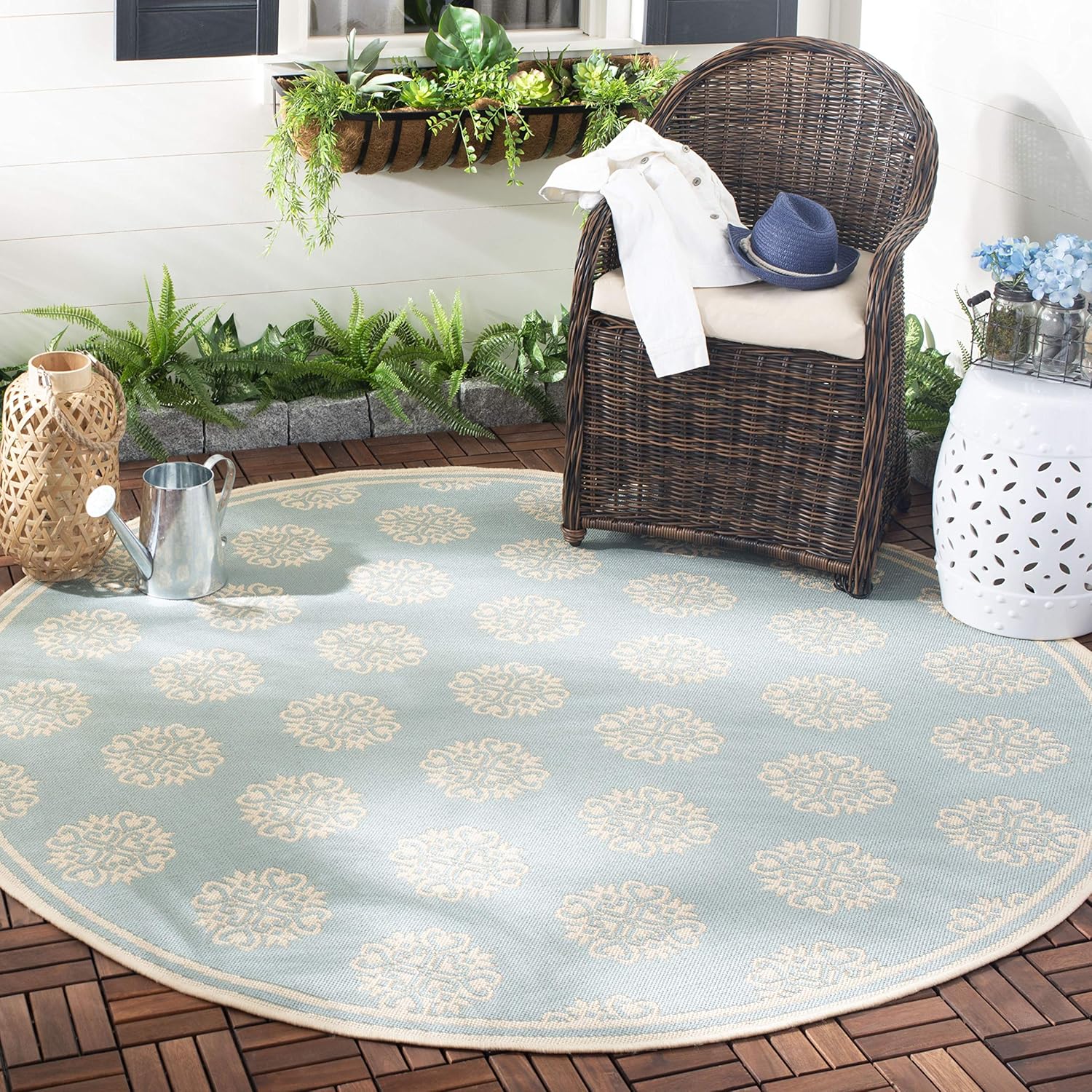 SAFAVIEH Washable Rug Outdoor Beach House Collection - 2'2" x 12' Runner, Cream & Aqua, Non-Shedding & Easy to Clean, Ideal for Patio, Backyard, Mudroom (BHS181L)