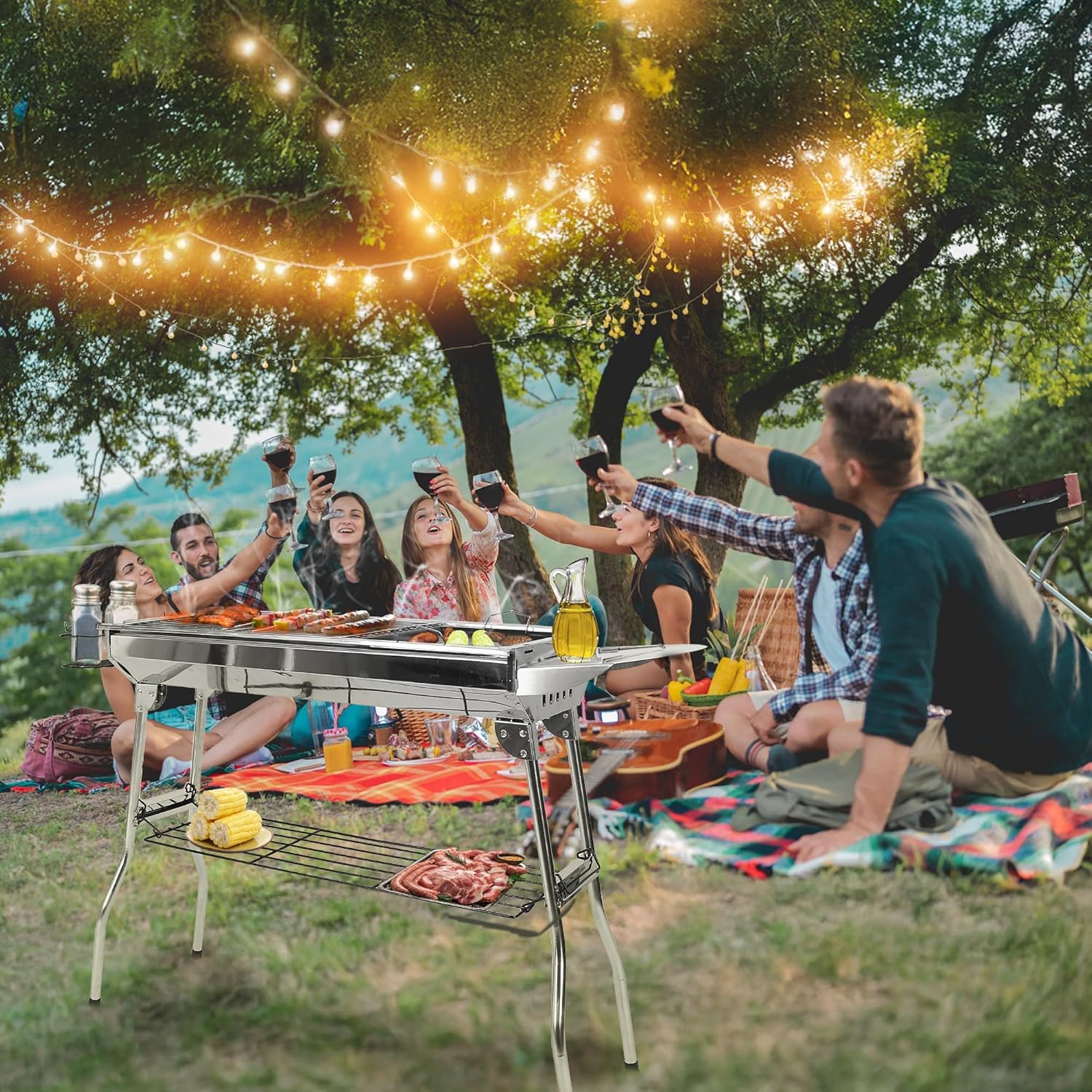 Portable Charcoal Grill, Large Stainless Steel Folding BBQ Grill with Storage Shelf, Foldable Barbecue Grill for Outdoor Cooking Camping Hiking Backyard Garden Picnic Parties Kabob (39x13.4x28 Inch)