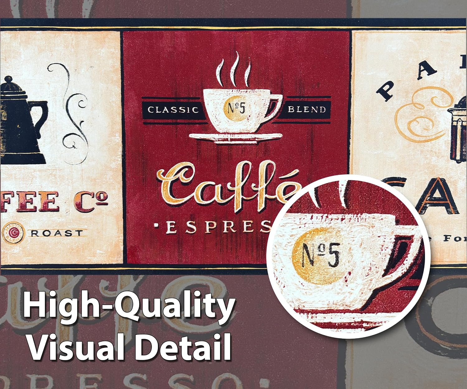 CONCORD WALLCOVERINGS ™ Classic American Pre-Pasted Wallpaper Border – Vintage Coffee, Cafe & Espresso Pattern for Cottage Kitchen or Dining Room, Washable, Easy to Apply Decor – 15 Ft x 7 in
