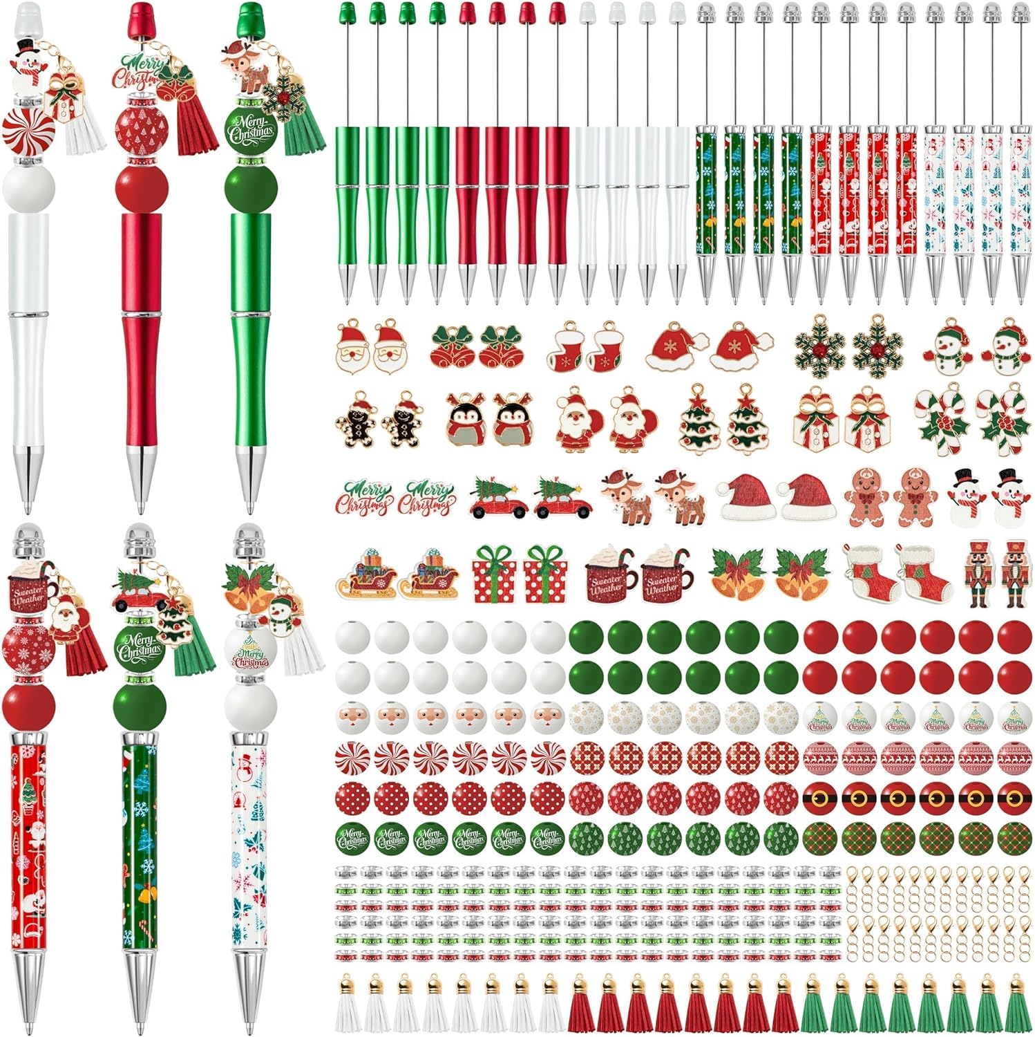 COcnny Christmas Beadable Pens Kits- 24 Set Xmas DIY Ballpoint Craft Making with Bead Craft, Snowman Snowflake Beaded Pen Bulk Charm Tassel Supplies for Holiday Party School Students Gift