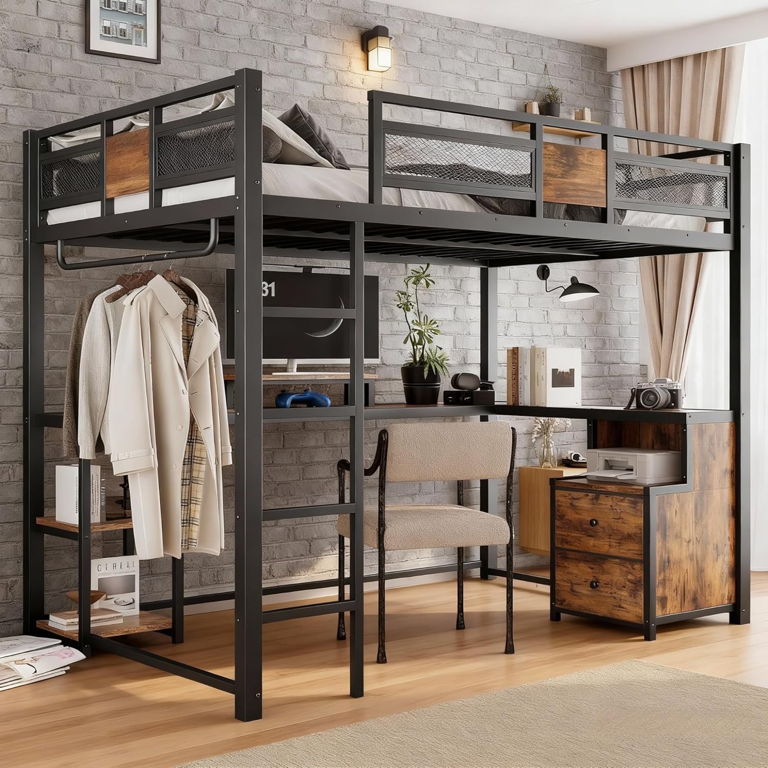 Bellemave Full Loft Bed with Storage Drawers and L-Shaped Desk, Metal Loft Bed Frame with Computer Monitor Stand, Hang Rod, and Multi-Function Shelves, Loftbed with Noise-Free Design, Black