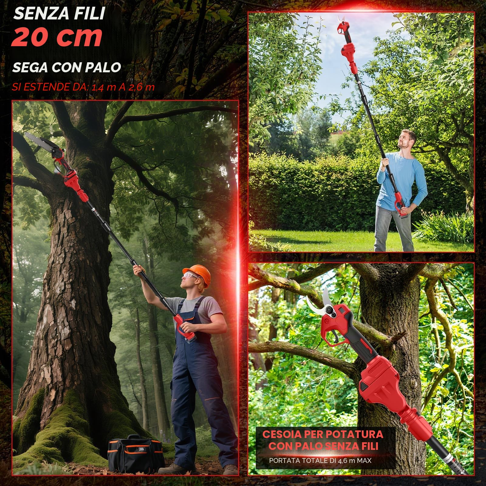 Mini motosega da 8 pollici con asta telescopica e cesoie elettriche da 28 mm, set di attrezzi da giardino 4 in 1, compatibile con batteria Milwaukee da 18 V, portata massima fino a 4 m (senza batteria
