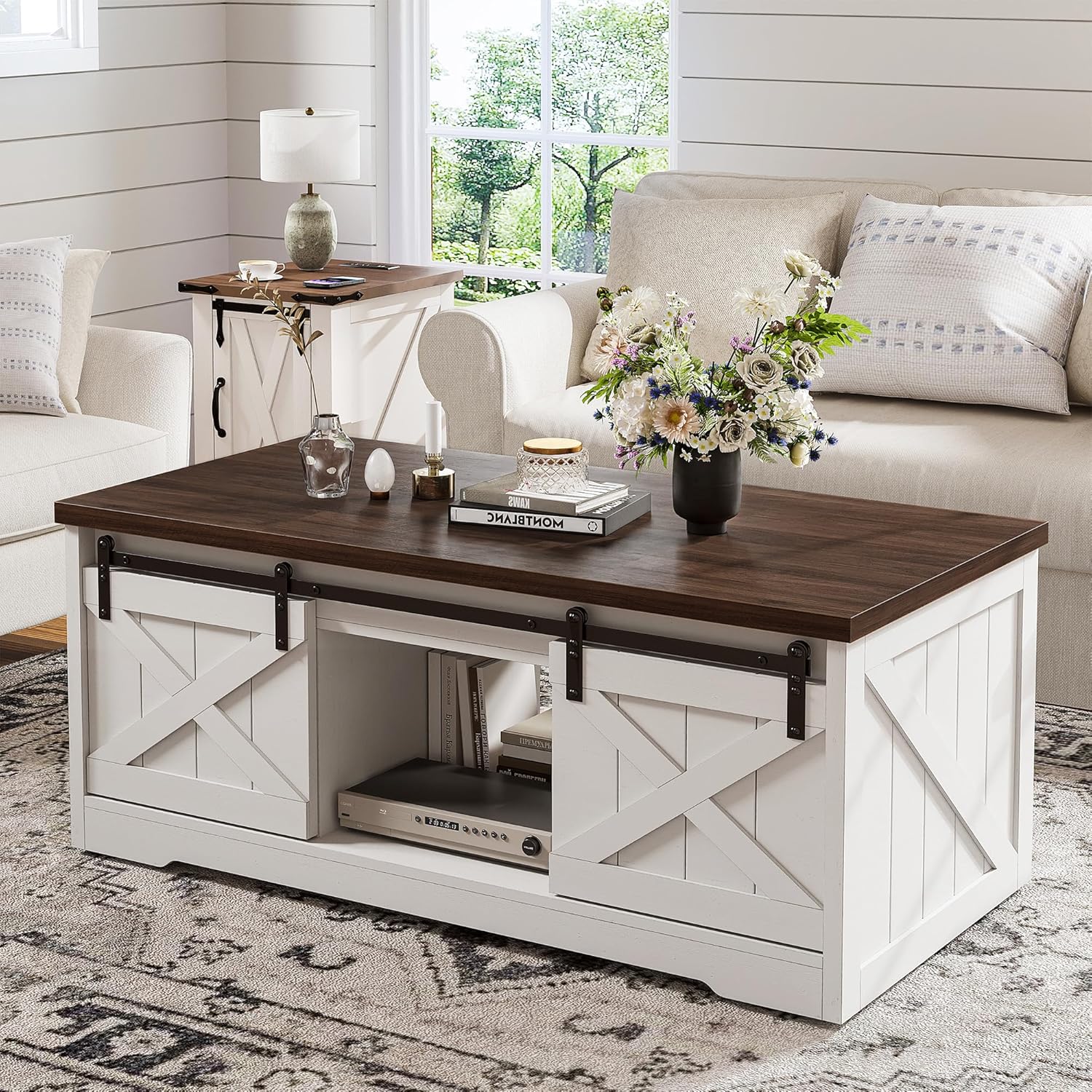 White and Natural Wood Lift-Top Coffee Table with Sliding Barn Doors
