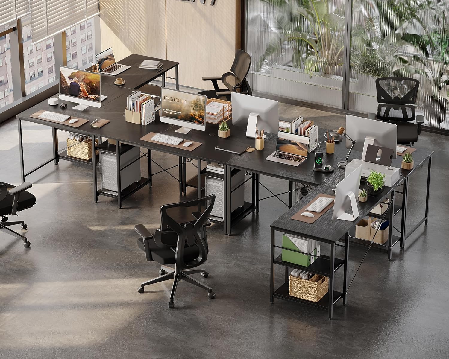 Bestier 95.2” L Shaped Desk, Reversible Corner Computer Desk or 2 Person Long Table with Adjustable Shelves, Large Writing Study Workstation with 3 Cable Holes - Black