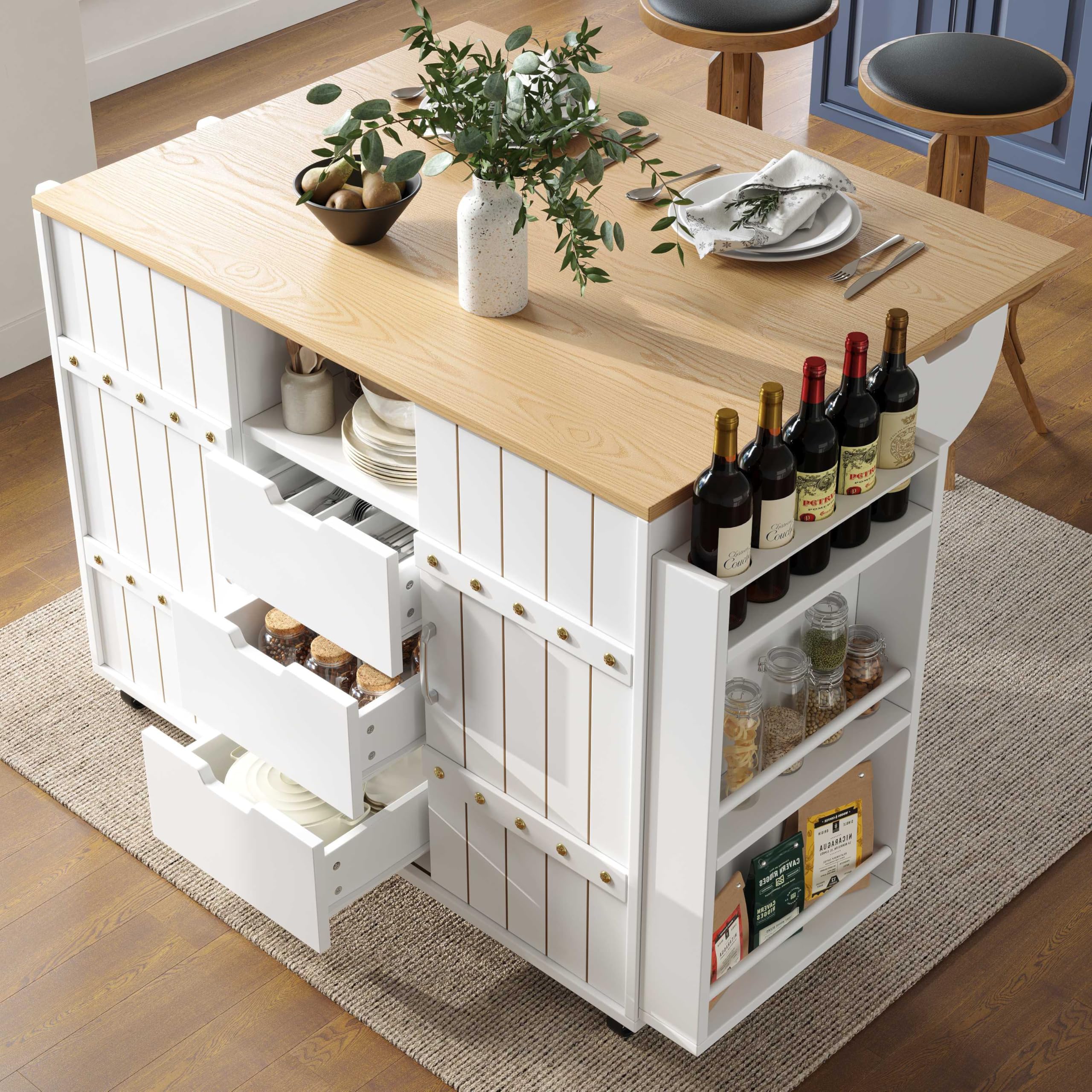 Küchenschrank, Servierwagen mit Holzmaserung, Küchenwagen mit Rollen und Arbeitsplatte, mit Gewürzregal und Handtuchhalter, Kücheninsel mit Schiebetüren und Schubladen, Weiß