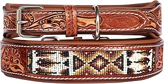 CHALLENGER Large 21'- 25' Handcrafted Padded Tan Leather Floral Tooled Beaded Dog Collar 60204