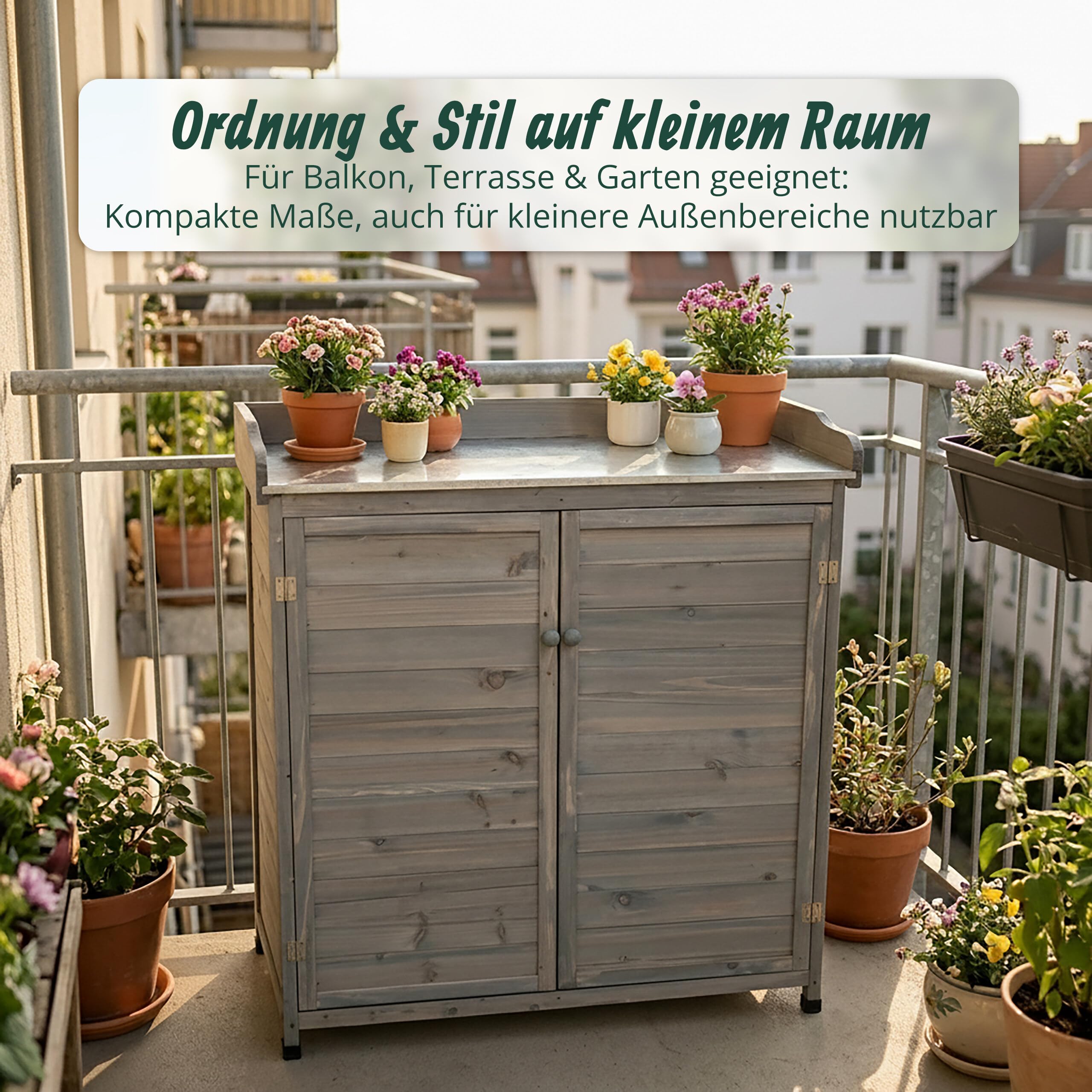Relaxdays Pflanztisch mit Unterschrank, Holz, verzinkte Arbeitsplatte, grau