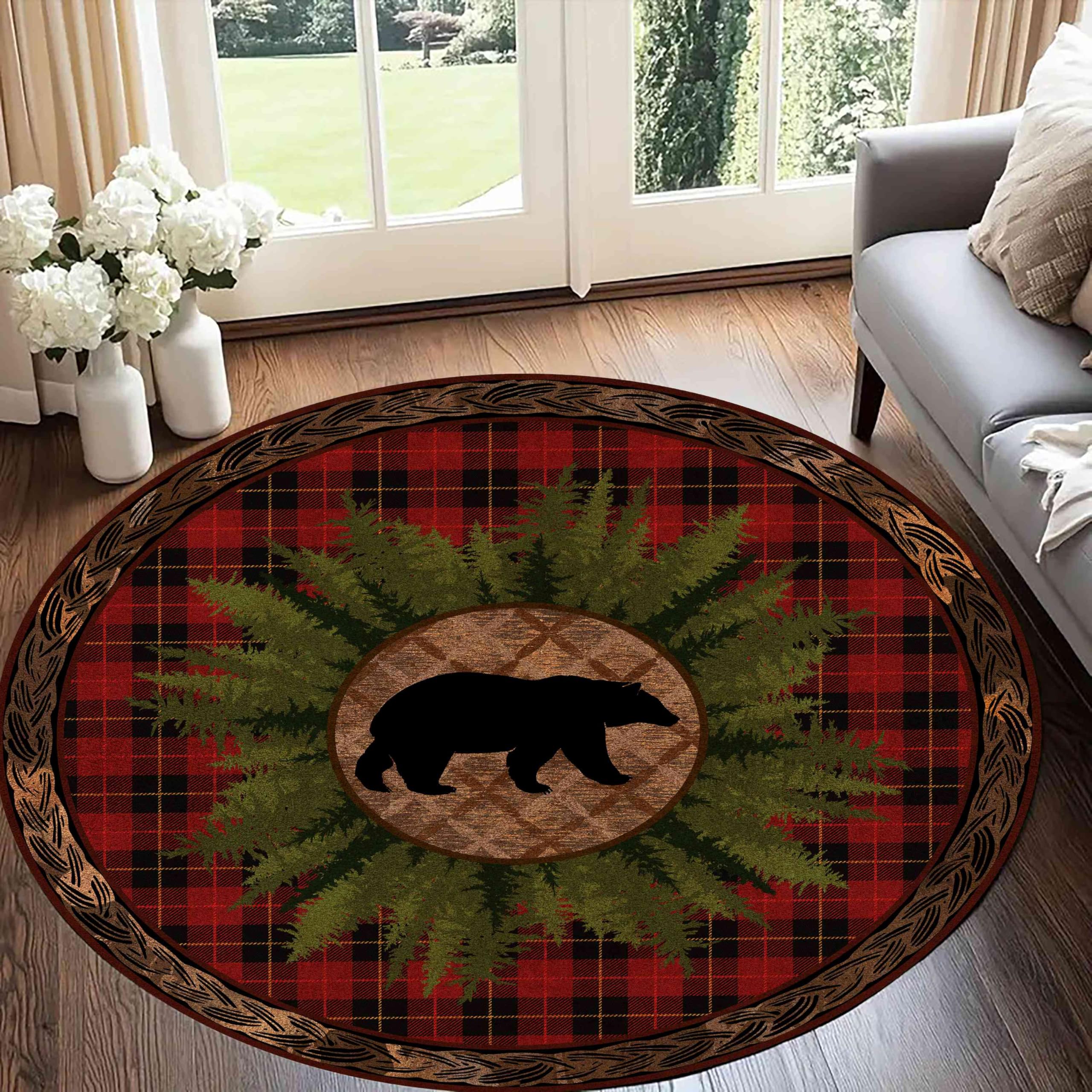 Farmhouse Cabin Black Bear Round Rug, 7ft Vintage Black and Red Buffalo Plaid Office Rug, Rustic Cabin Style Low Pile Rug with Non-Slip Rubber Backing