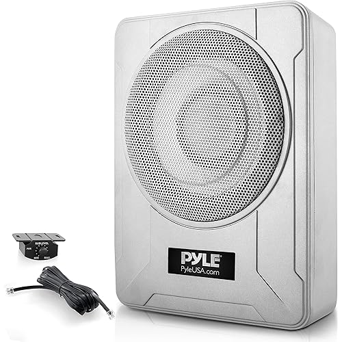 Pyle 8-Inch Low-Profile Amplified Subwoofer System - 600 Watt Compact Enclosed Active Marine Underseat Car Subwoofer with Built in Amp, Powered Car Subwoofer w/Low & High Level Inputs PLMRSBA8,Silver