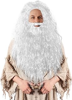 Skeleteen White Wig and Beard – Long White Dress Up Costume Accessories Curly Hair Wig for Kids and Adults