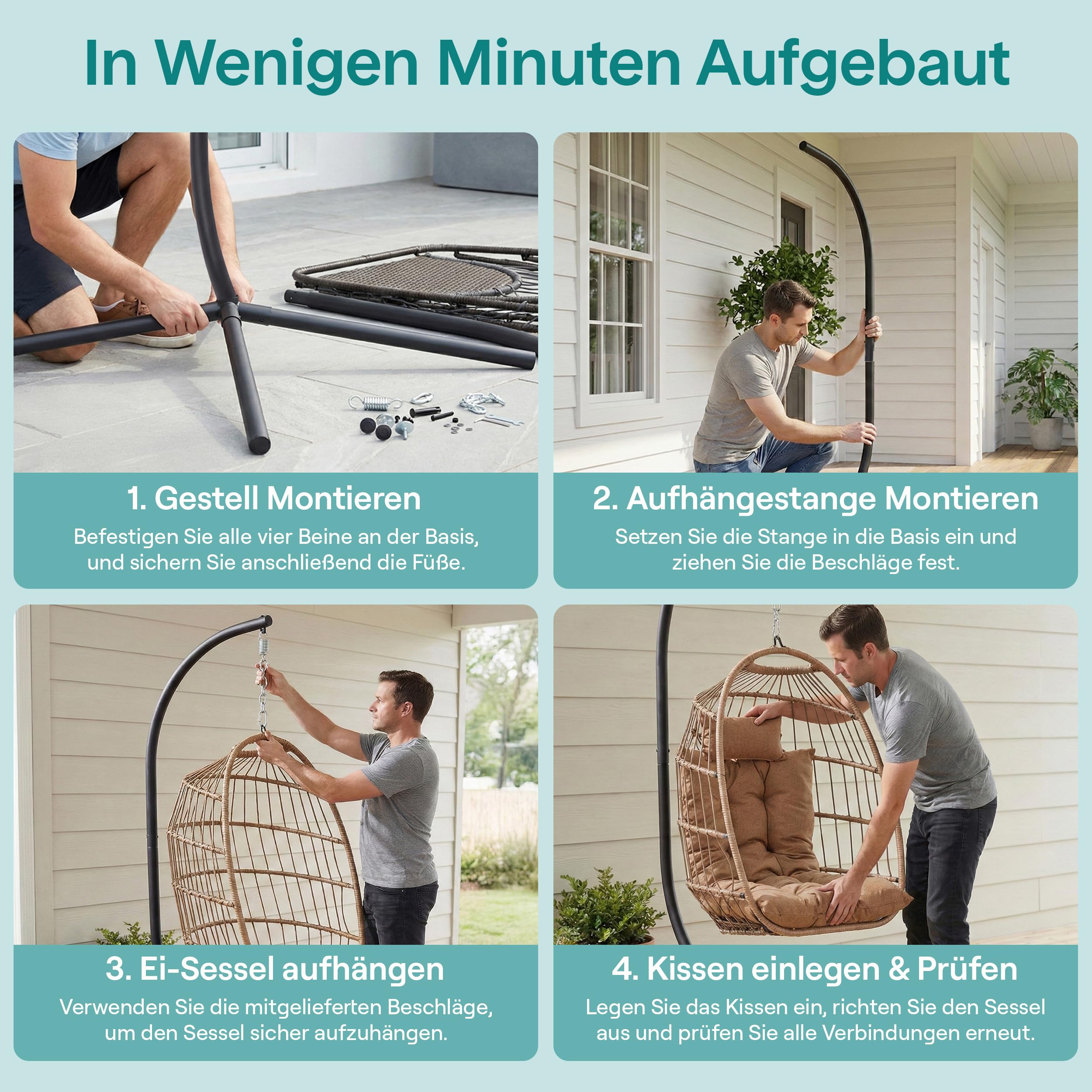 SereneLife Hängesessel mit Gestell 250 kg Braun – Wetterfest Outdoor Egg Chair mit Kissen für Garten Balkon Indoor Lounge Relaxsessel faltbar