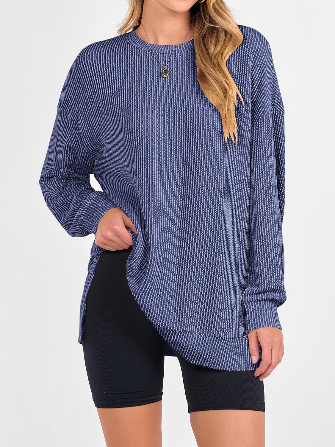 ANRABESS Womens Oversized Long Sleeve Shirts Ribbed Knit Tunic Tops Side Spilt Casual 2025 Fall Outfits - Image 7