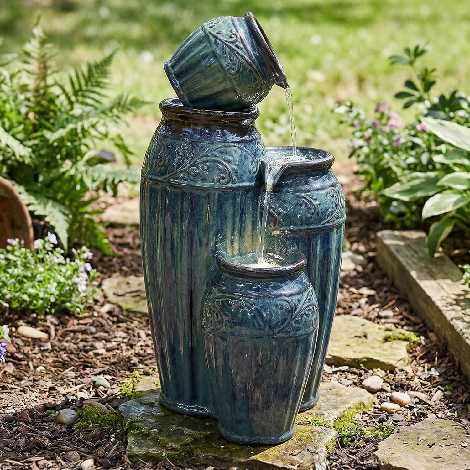 Sunnydaze Tour de Vase Ceramic 27-Inch Outdoor Water Fountain - LED Lights - Electric Submersible Pump with Adjustable Flow