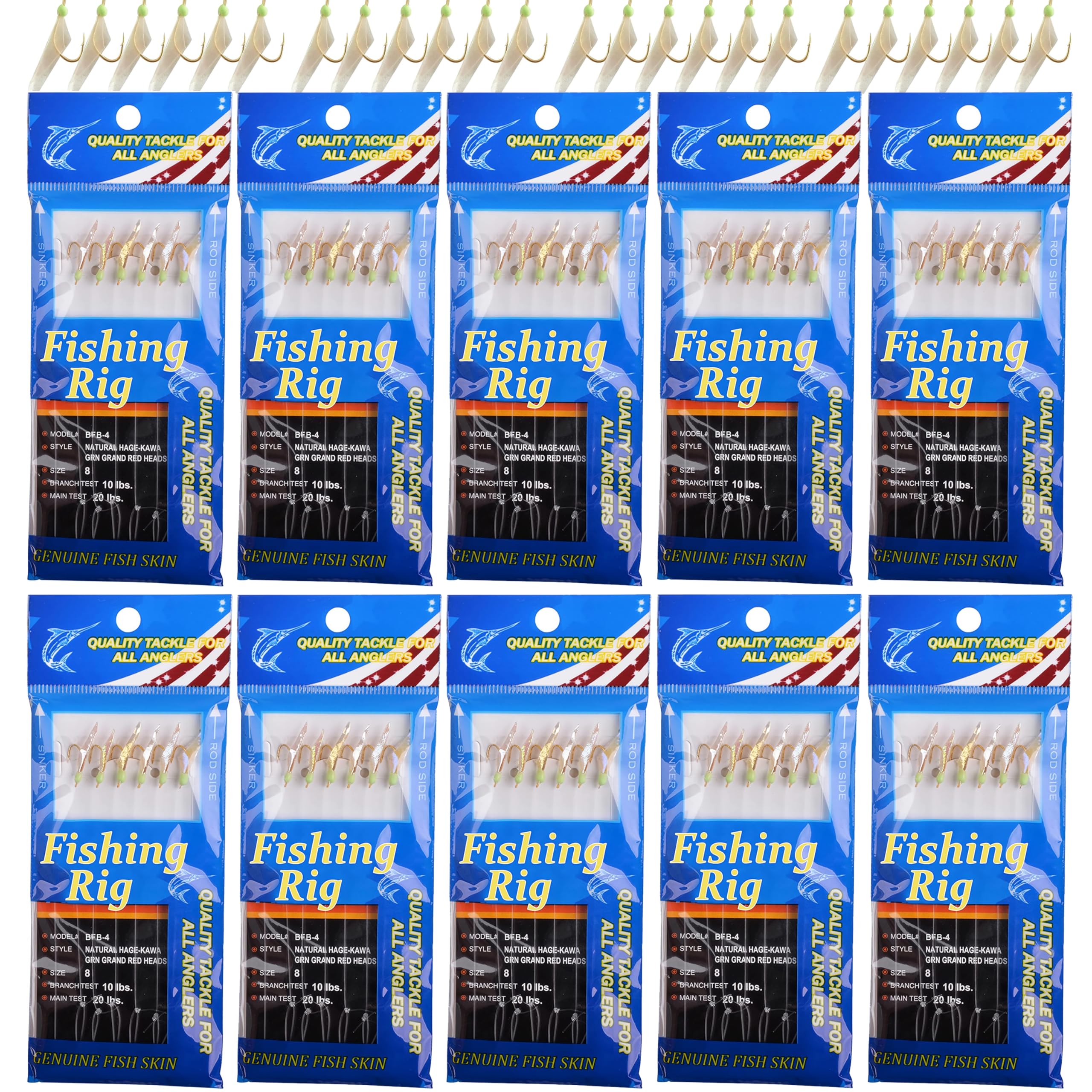 Fishing Rigs Saltwater Bait Lures, 10 Packs Bait Rigs Luminous with Fish Skin Feather Hook Size 4 6 8