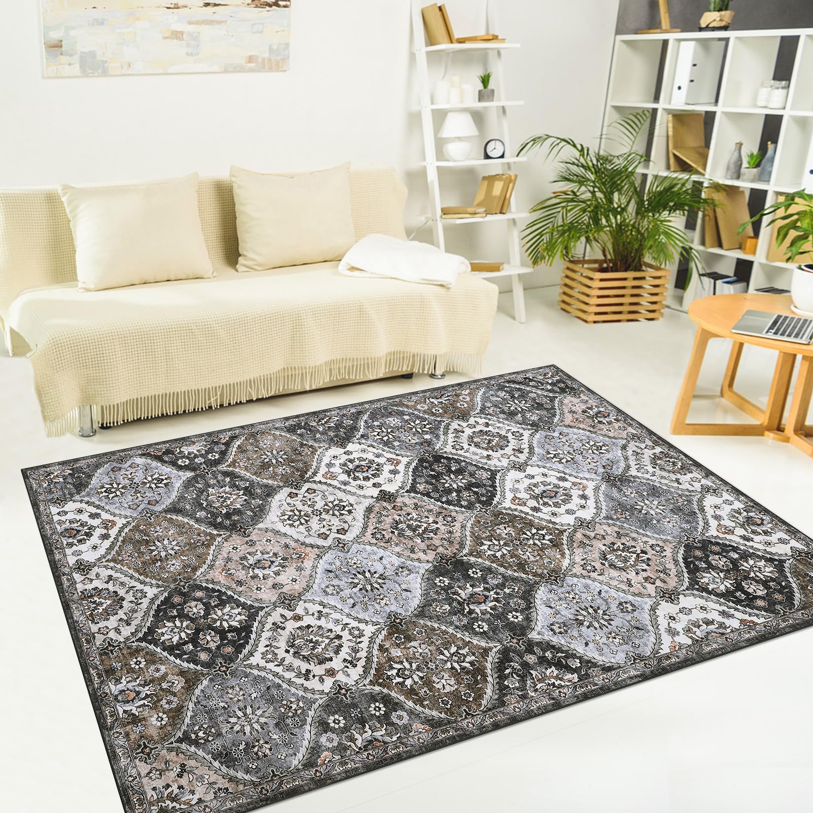 Tapis oriental lavable et antidérapant au motif floral raffiné
