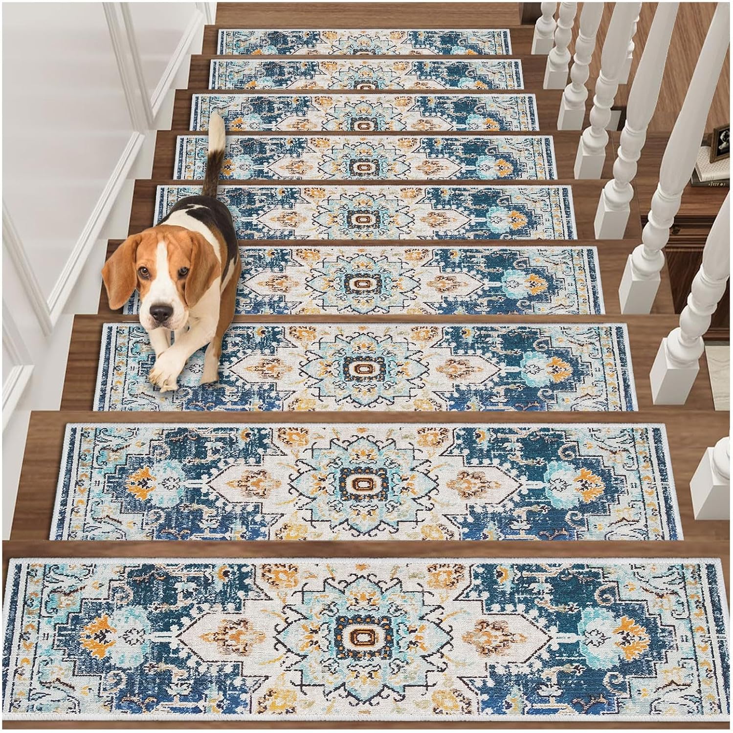Non Slip Stair Treads Carpet Mat, 30in X 8in Indoor Stair Runners for Wooden Steps, Rubber Backing Edging Stair Rugs for Kids Elders and Pets(Blue,15PCS)