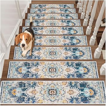 Non Slip Stair Treads Carpet Mat, 30in X 8in Indoor Stair Runners for Wooden Steps, Rubber Backing Edging Stair Rugs for Kids Elders and PetsBlue,15PCS