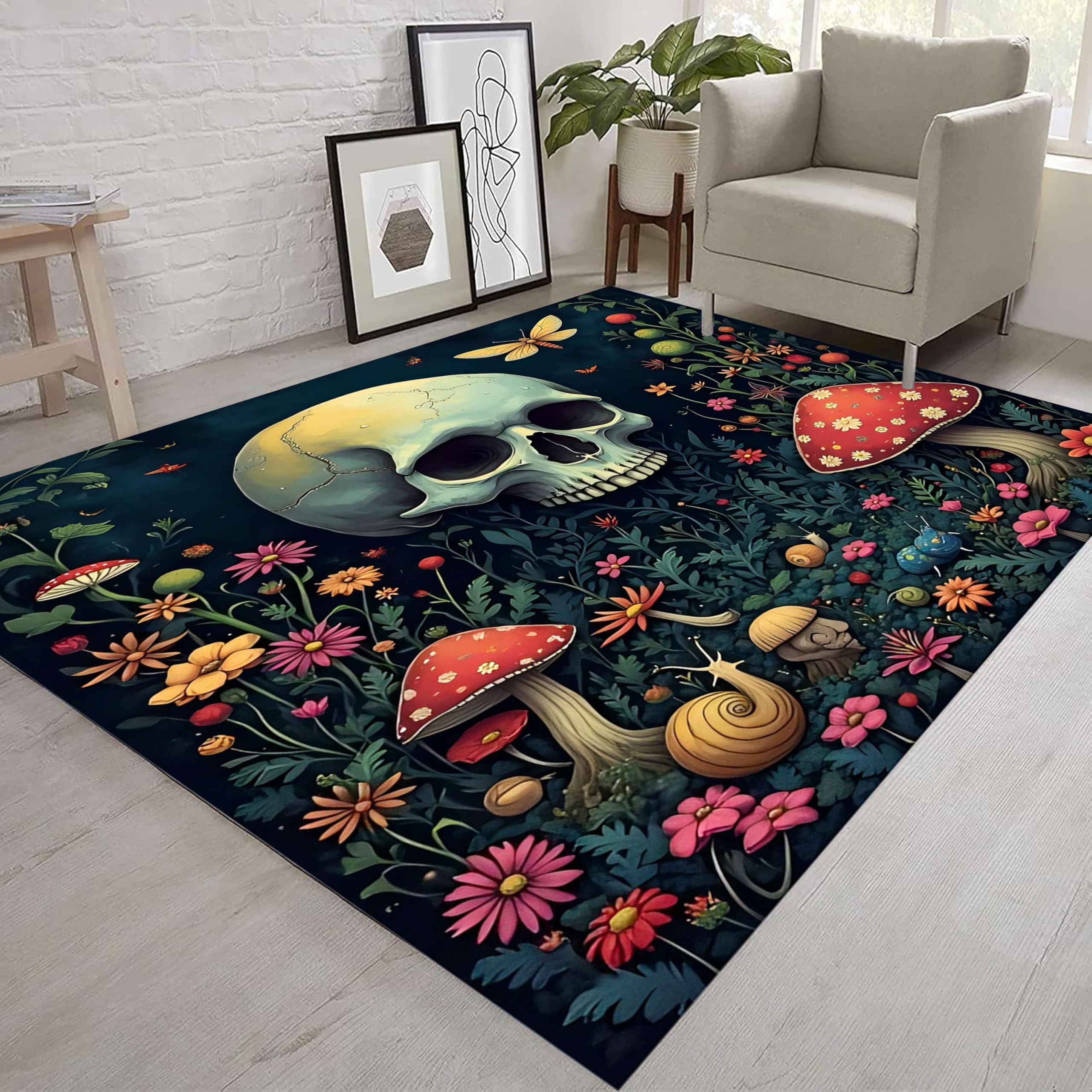 Skull Area Rug, 180x230cm, Gothic Mushroom Floral Insect Plant Abstract Art Rug, Machine Washable Living Room Rugs, Butterfly Snail Pattern Non-Slip Indoor Low Pile Rugs for Bedroom Kitchen Bathroom