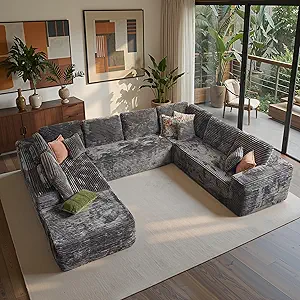 ovios Sectional Cloud Couch for Living Room, Modular Floor Sofa with Plush Corduroy, No Assembly Required, Big Comfy Couches Set with Fluffy Memory Foam, Stupendous U Shaped Sofas with Chaise, Grey
