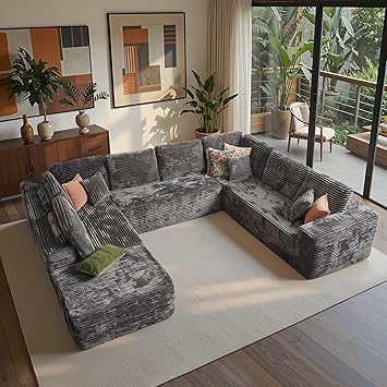 ovios Sectional Cloud Couch for Living Room, Modular Floor Sofa with Plush Corduroy, No Assembly Required, Big Comfy Couches Set with Fluffy Memory Foam, Stupendous U Shaped Sofas with Chaise, Grey