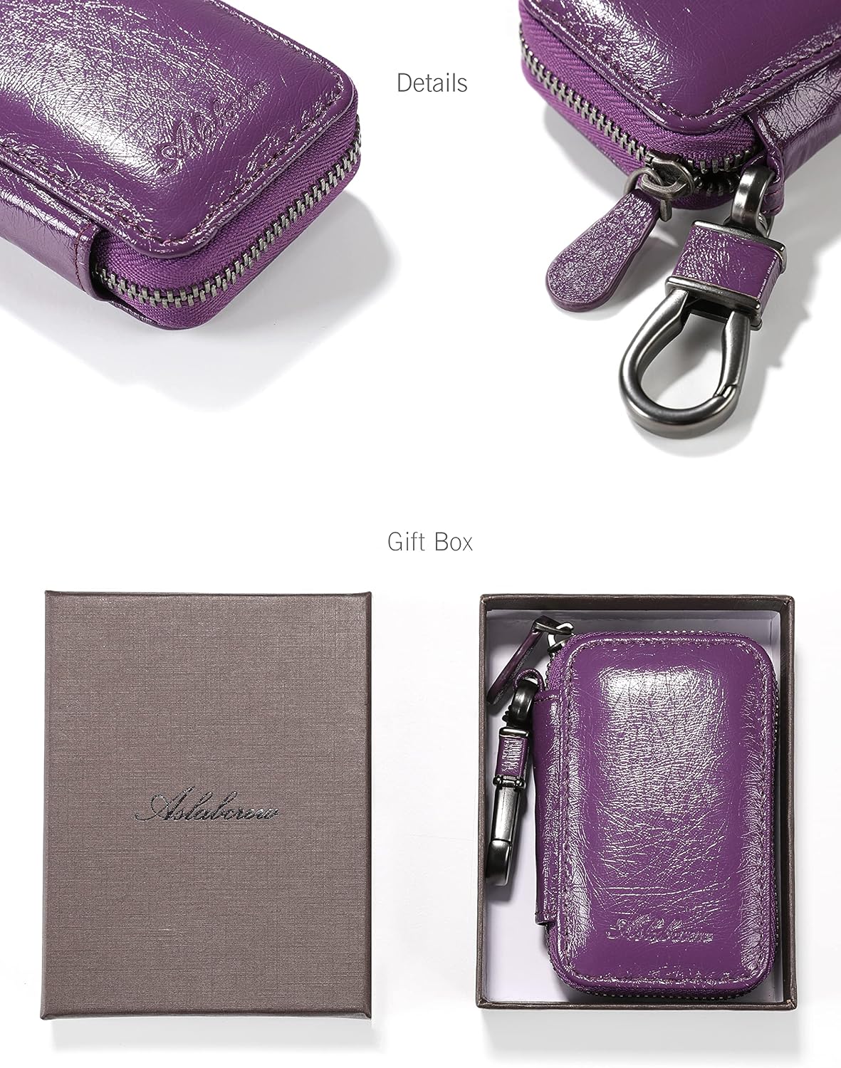 ASLABCREW Car Key Case Genuine Leather Keychain Holder Metal Hook and Keyring Zipper Bag for Remote Key, Glam-Purple