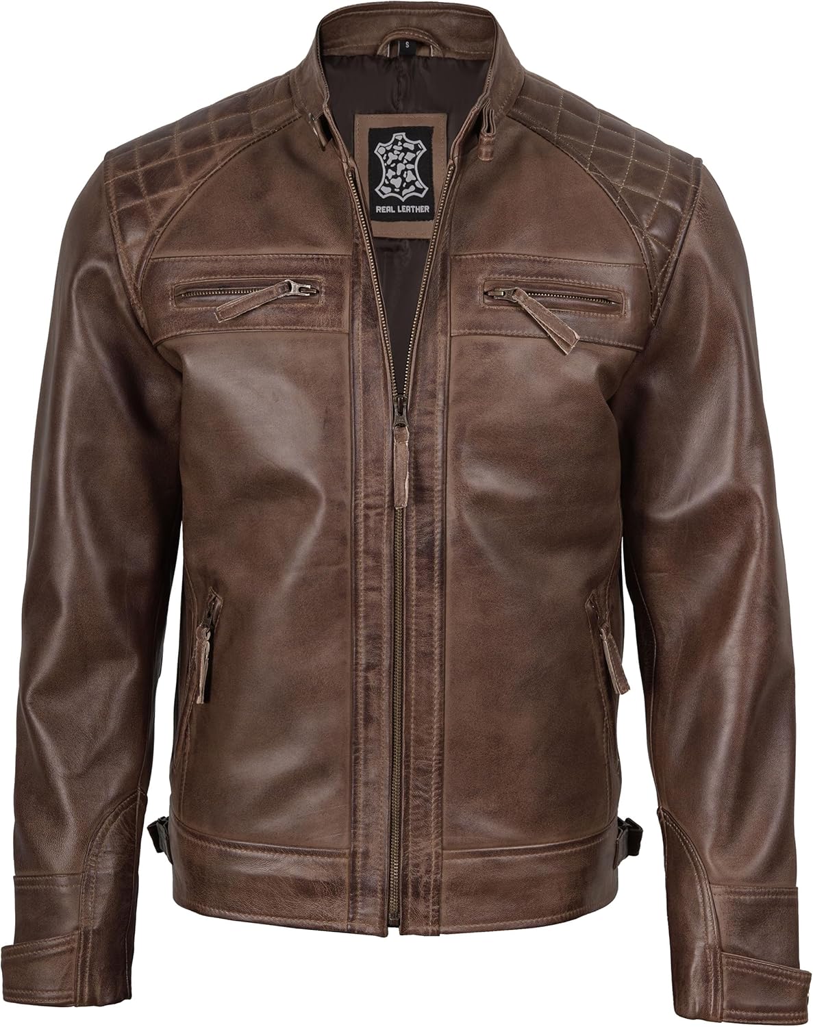 fjackets Real Lambskin Mens Leather Jackets - Quilted Cafe Racer Zip Up Moto Style Leather Jacket Men - Image 3