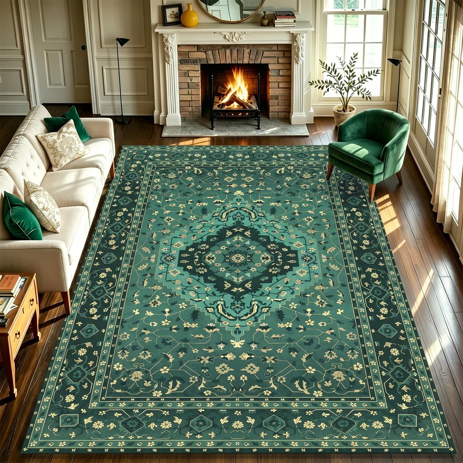 WUTONG Green Vintage Area Rug 160x230cm,Transitional boho Style Rugs Living Room,Soft Short Pile Carpet,Non-Slip for Bedroom,Dining Room