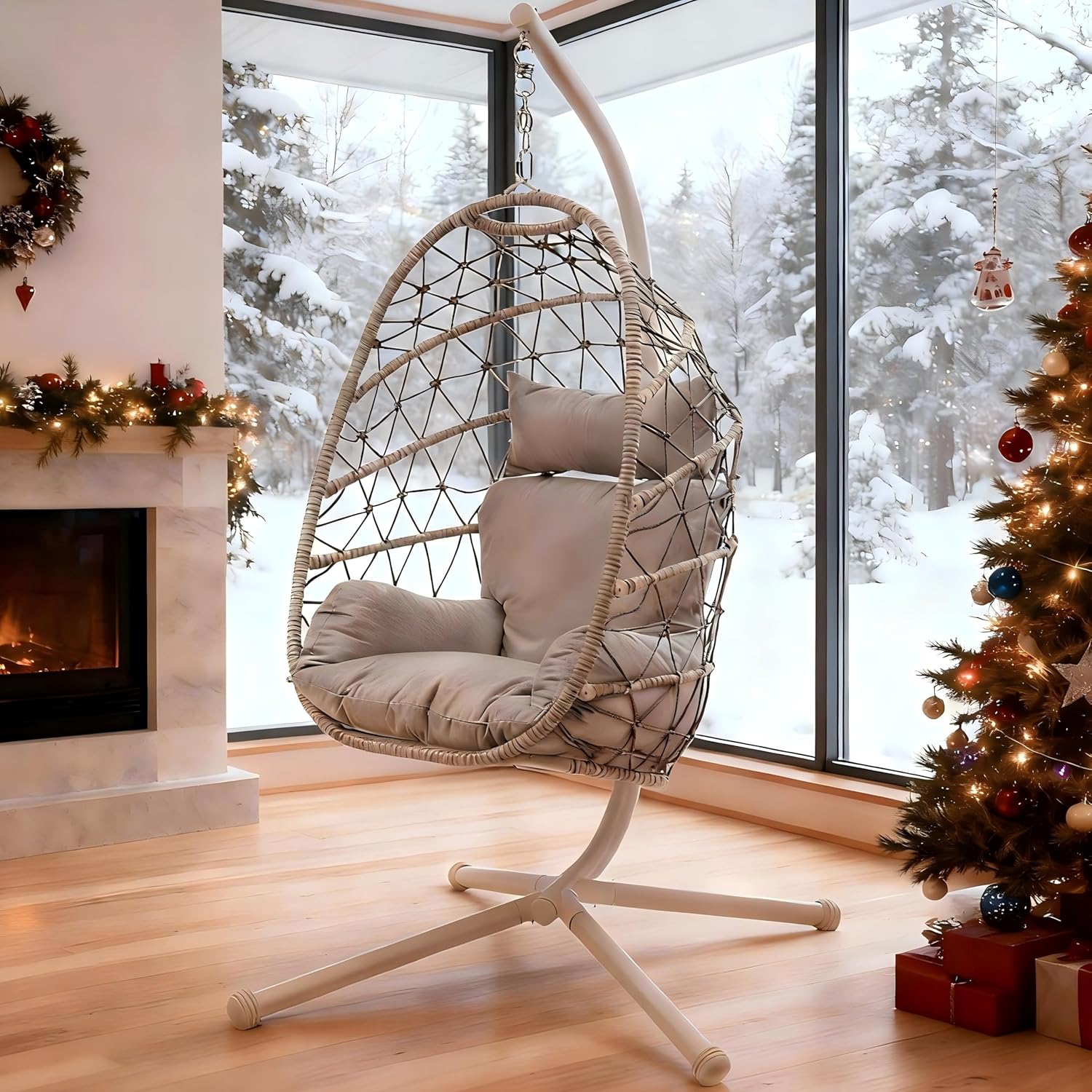 RoyalCraft Hanging Egg Chair Outdoor Swing Chair with Stand, Hammock Chair Indoor, Patio Boho Wicker Hanging Chair with Stand 350lbs Capacity for Garden, Balcony, Bedroom, Beige & Gray