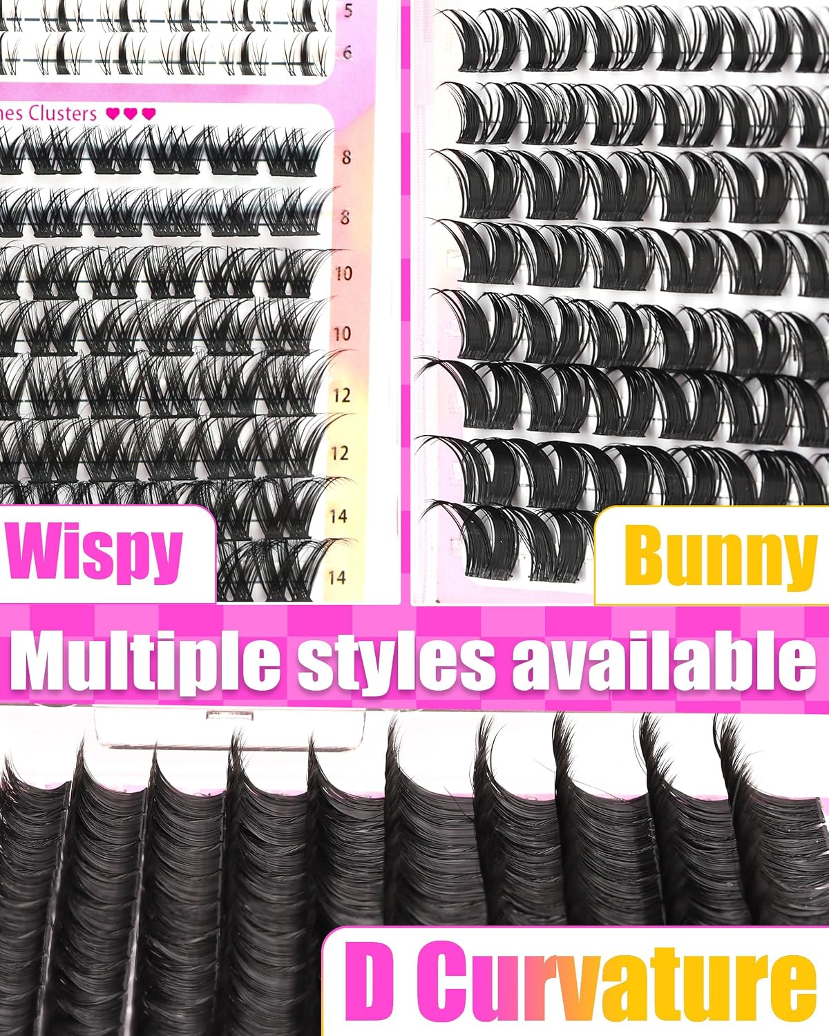 YIDUO 6-Style Lash Clusters with 2X Bond and Seal, 200D+300D+Bunny Wet Look 646pcs D Curly Clusters Lashes Extensions Kit with Bottom Lashes 8-20mm Soft Thin Band Volume Lashes Large Kit pestañas image 4
