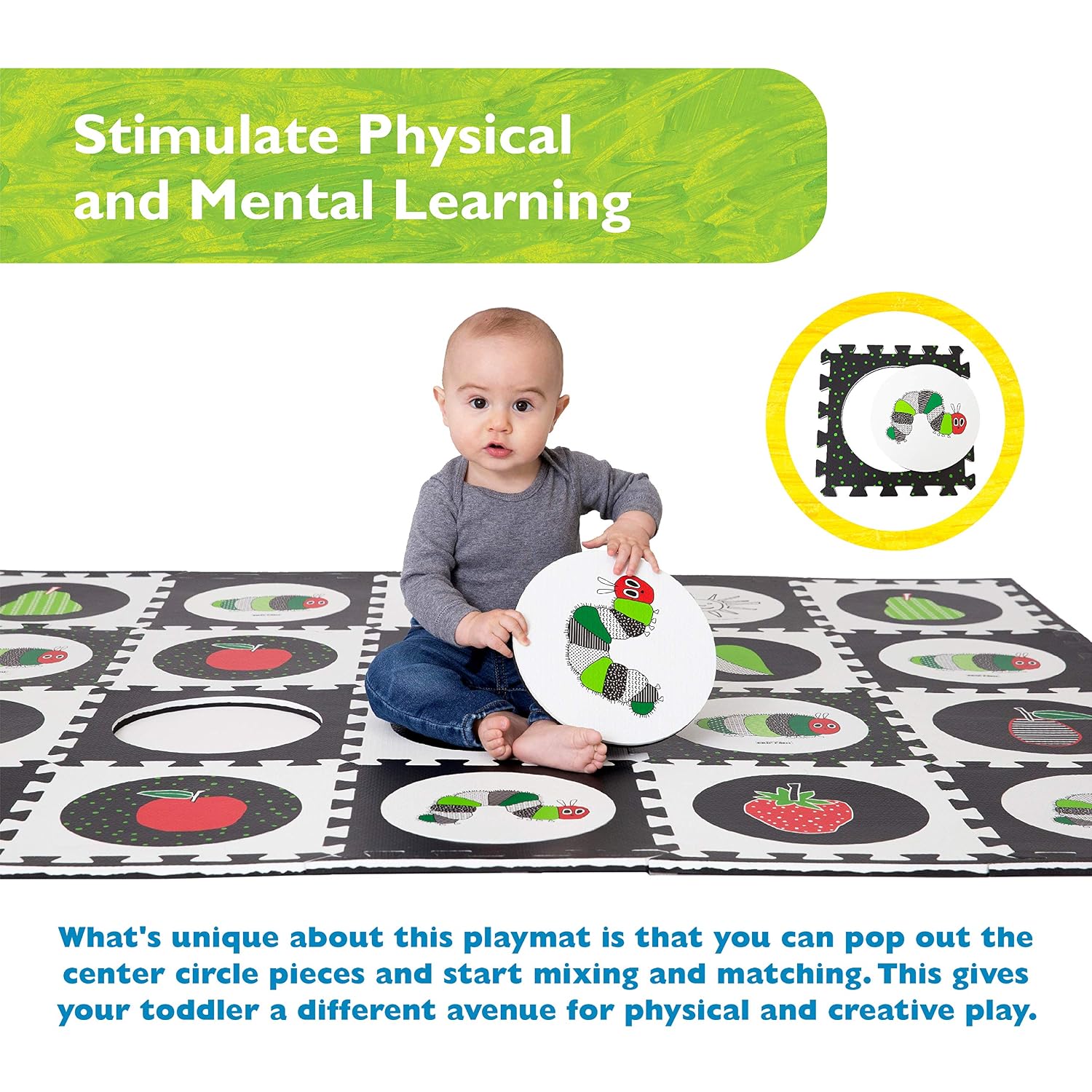 Eric Carle Interlocking Baby Play Mat, Very Hungry Caterpillar Foam Floor Tiles for Infants and Children, 52" x 65"