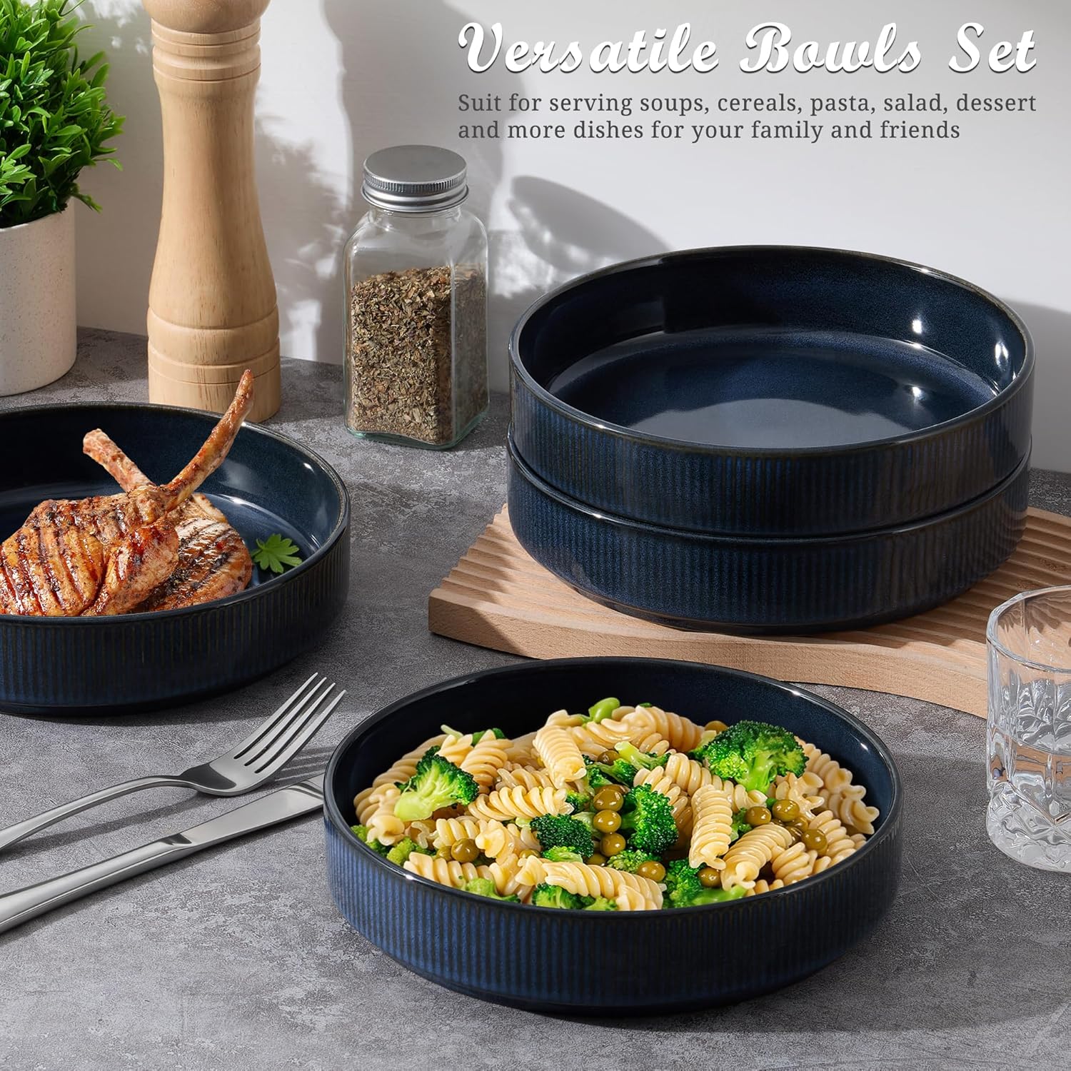 E-far Pasta Bowls Set of 4, 35oz Large Salad Bowl Plate for Dinner Serving, Wide & Shallow Ceramic Stoneware Pasta Plates, Microwave & Dishwasher Safe, Reactive Glaze Textured Stripes, Dark Blue image 4