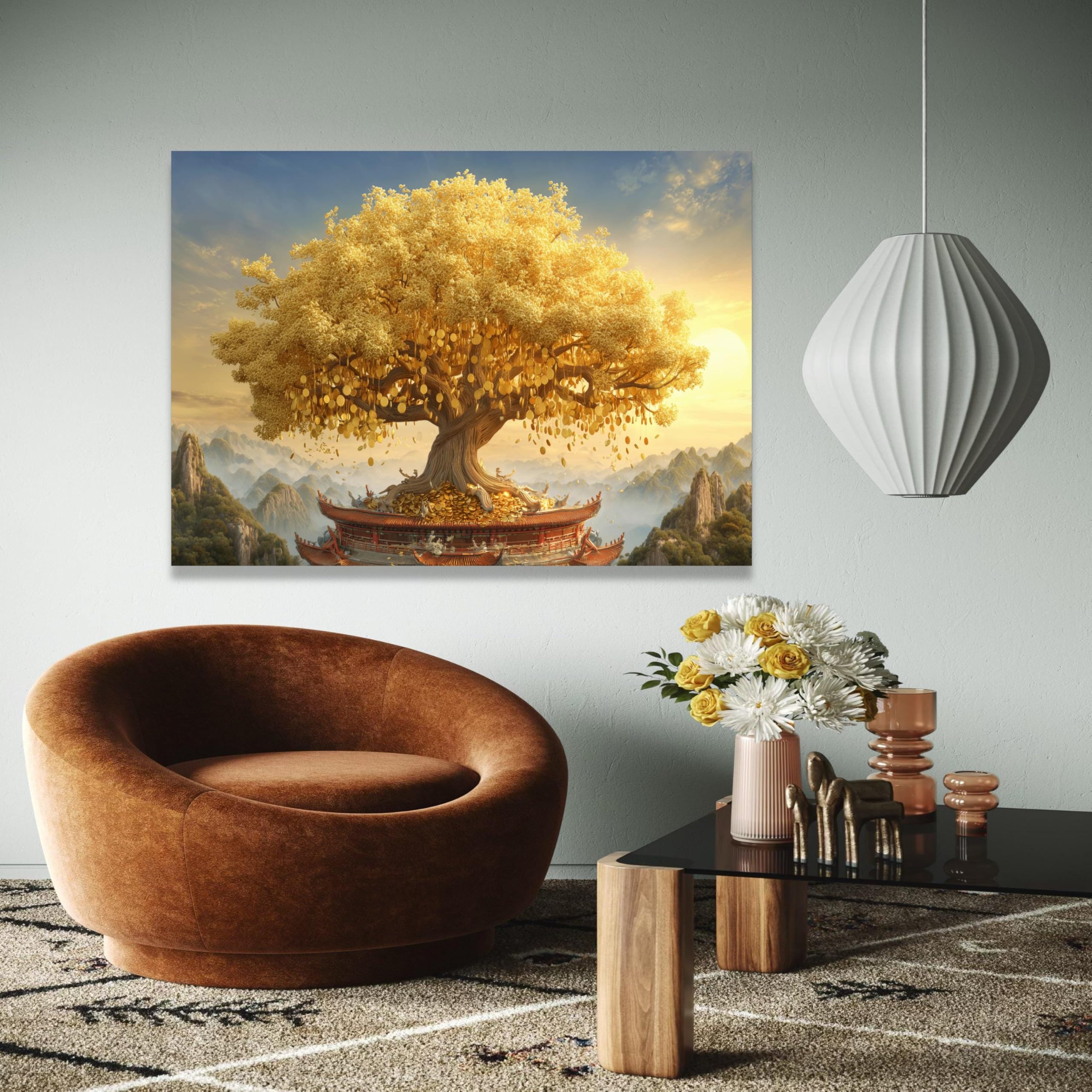 XBTYKPB Árbol del dinero dorado, lienzo decorativo Feng Shui, decoración de pared para la prosperidad, pintura símbolo de riqueza, estilo asiático, decoración del hogar, impresión (50x75cm/sin marco)