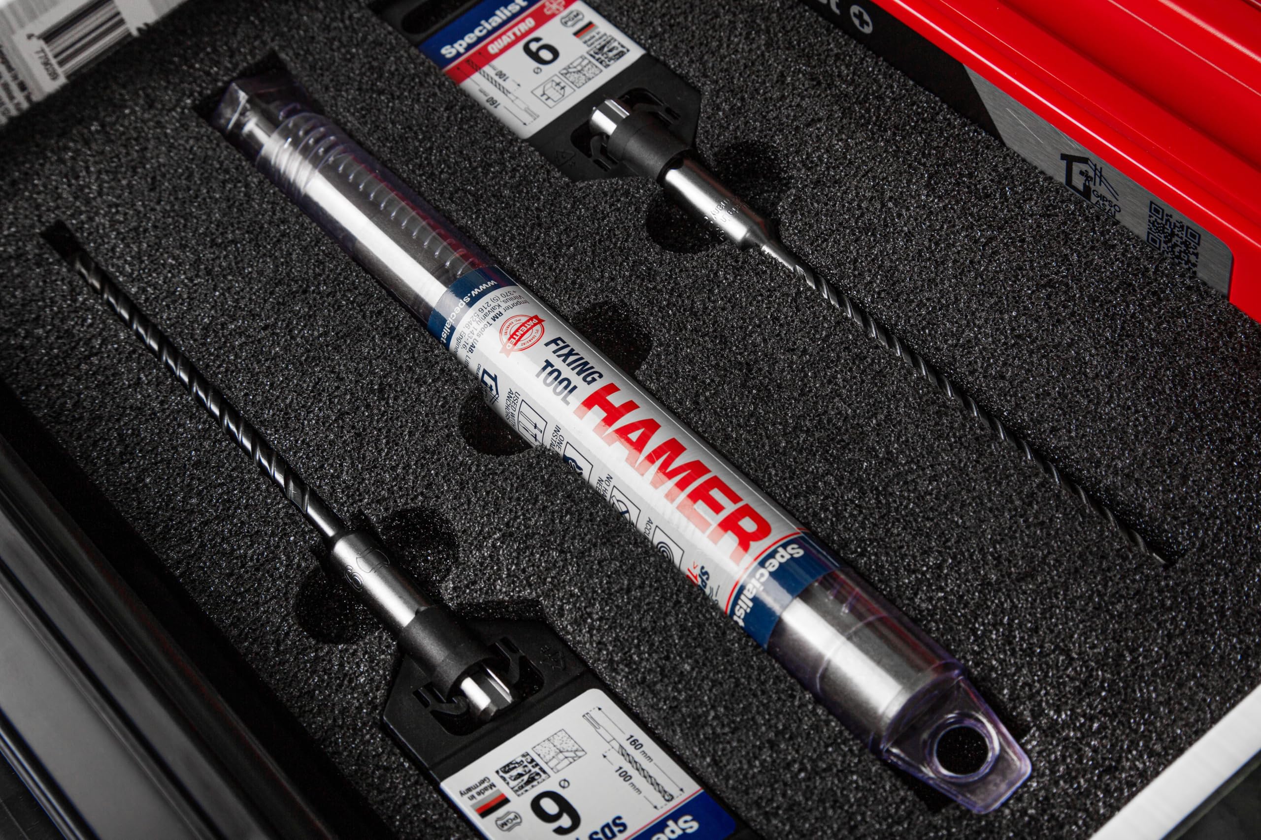 Specialist+ Trockenbau-Werkzeugset | x2 SPACER (50 cm), x2 FAST INSTALL-Gipsmagnete, x1 HAMMER-Steckertreiber, SDS+ & QUATTRO Bohrer | Schnelle Montage | Für Knauf D-112 geeignet