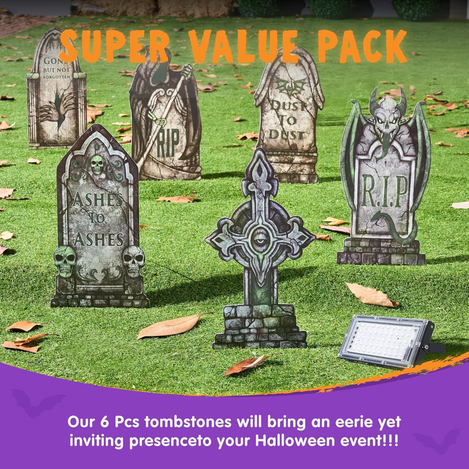JOYIN 15.7” Halloween Decorations Outdoor Graveyard Tombstones Fluorescent, 7 Pcs Glow in The Dark with Black Light Spotlight Headstone with 12 Metal Stakes, Tombstone for Cemetery Outside Yard Decor