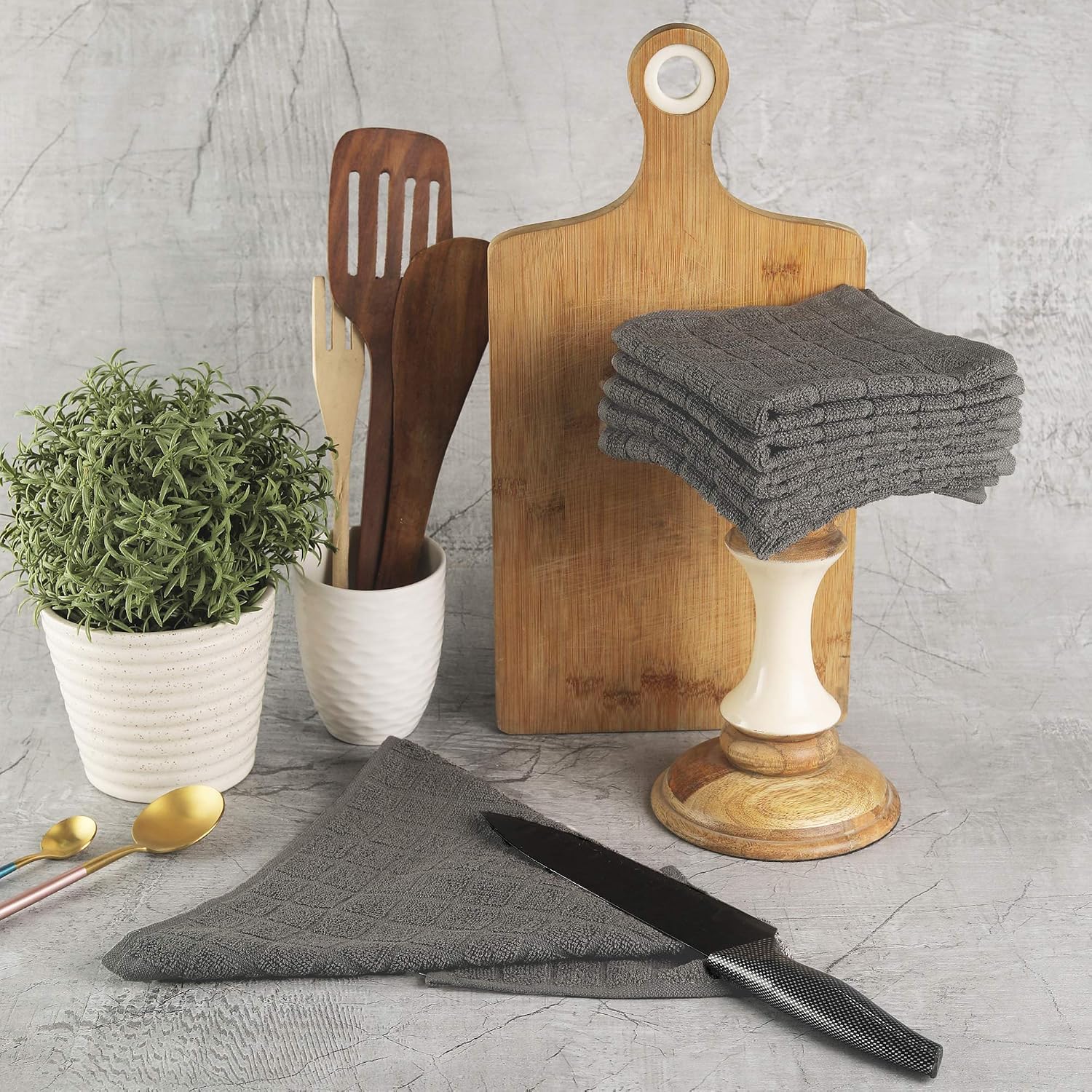 Nirisha Cotton Terry Dish Cloth - 6 Pack - Grey - 12 x 12 Inches - 400 GSM - 100% Ringspun 2 Ply Cotton - Box Weave - Soft & High Absorbent