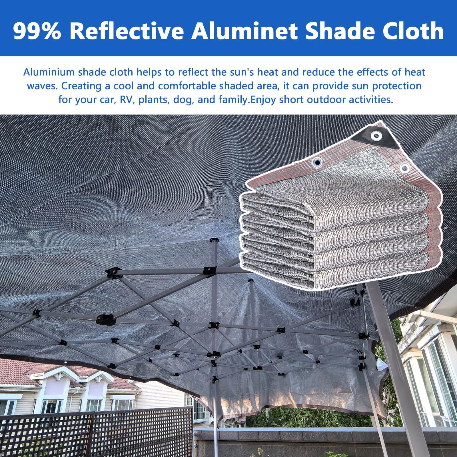 Red de Malla Sombra Aluminio 99% Reflectante Toldo Tela de Protección Solar | Vela de Sombra Toldo Térmico con Ojales,Cubierta de Tela de Bloqueo Solar para Coches Perros Balcón Jardin Terraza(1x7m)