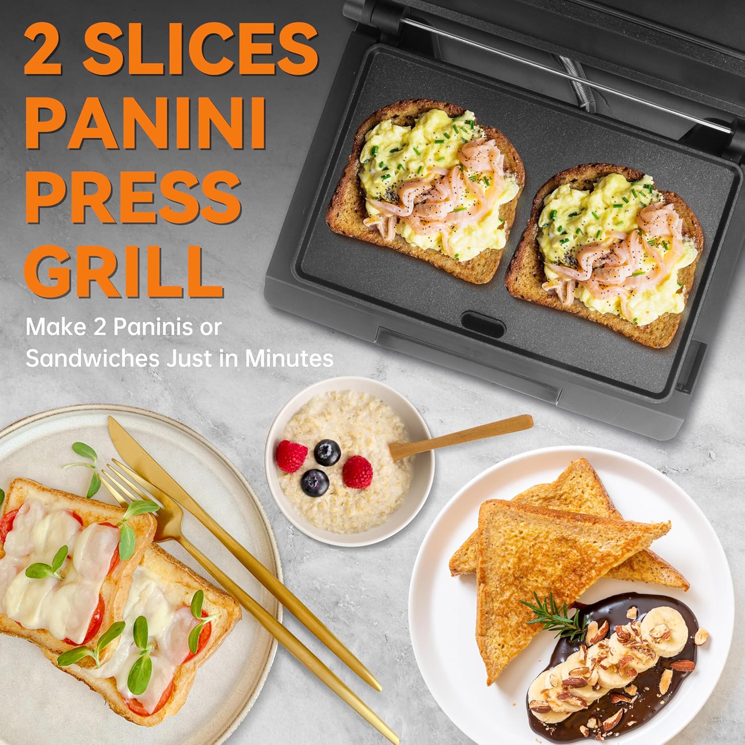 Baker's Friend Mini Panini Press Electric Griddle, 2 Slices of Panini Grill Press Sandwich Maker Press, Sandwichera Electrical for Pancakes & Eggs, Oil Tray, Non Stick Surfaces, Stainless Steel - Image 2