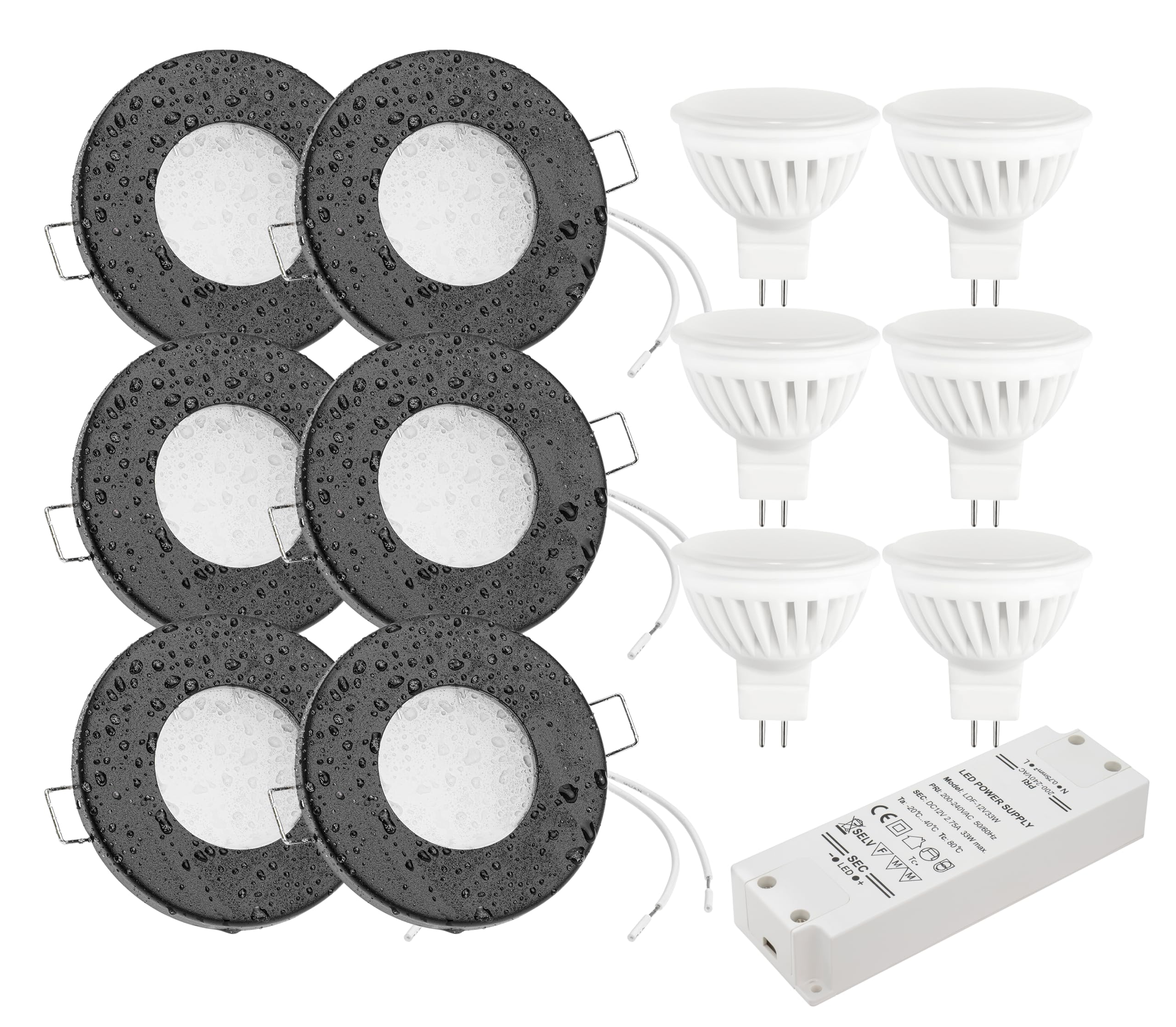 Einbaustrahler 6er Set Aqua IP54 Schwarz Matt 83mm Außen, 55mm Deckenausschnitt mit MR16 12Volt LED Leuchtmittel 6Watt und Trafo - Einbauspot, Deckenspot (Tageslichtweiß 6000K)