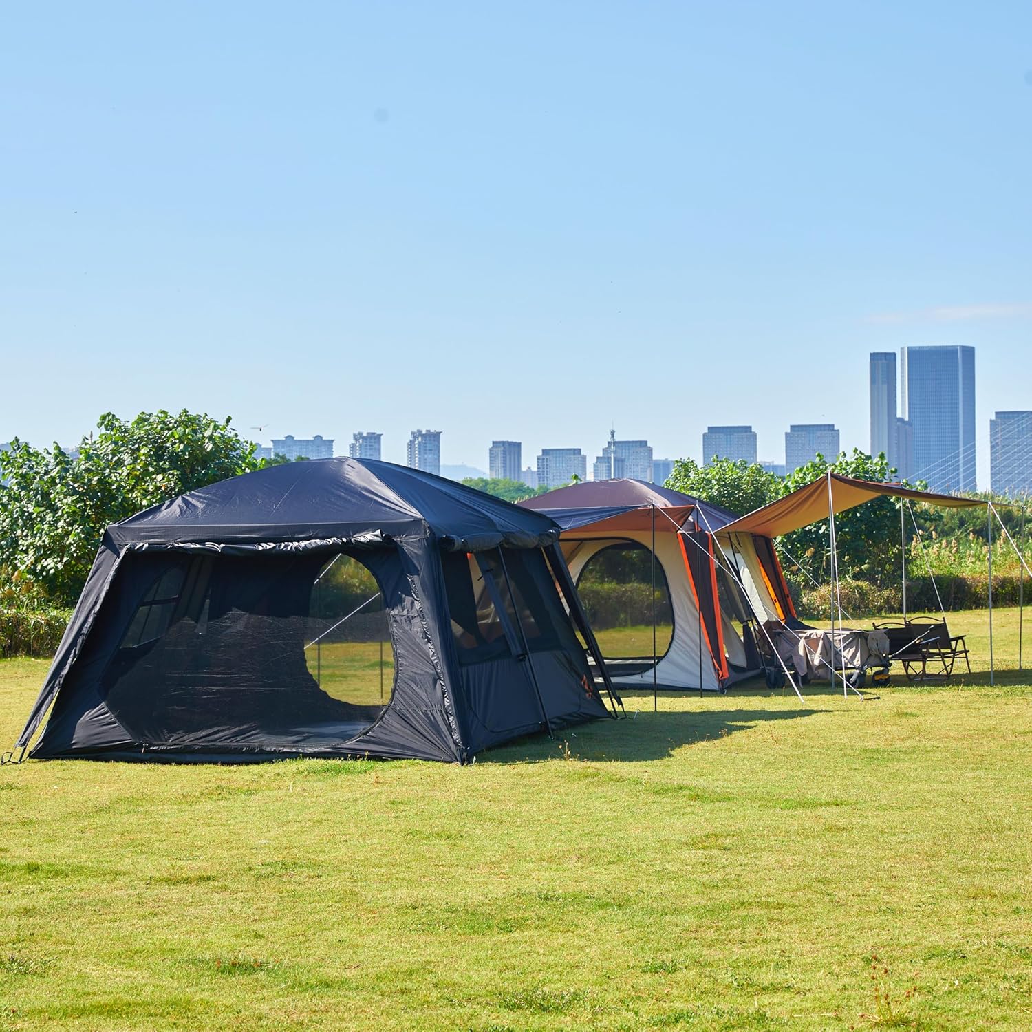 KTT Extra Large Tent 12 Person,Family Cabin Tents,Awning,2 Rooms,4 Doors and 4 Windows with Mesh,Straight Wall,Waterproof,Double Layer,Big Tent for Outdoor,Picnic,Camping,Family Gathering