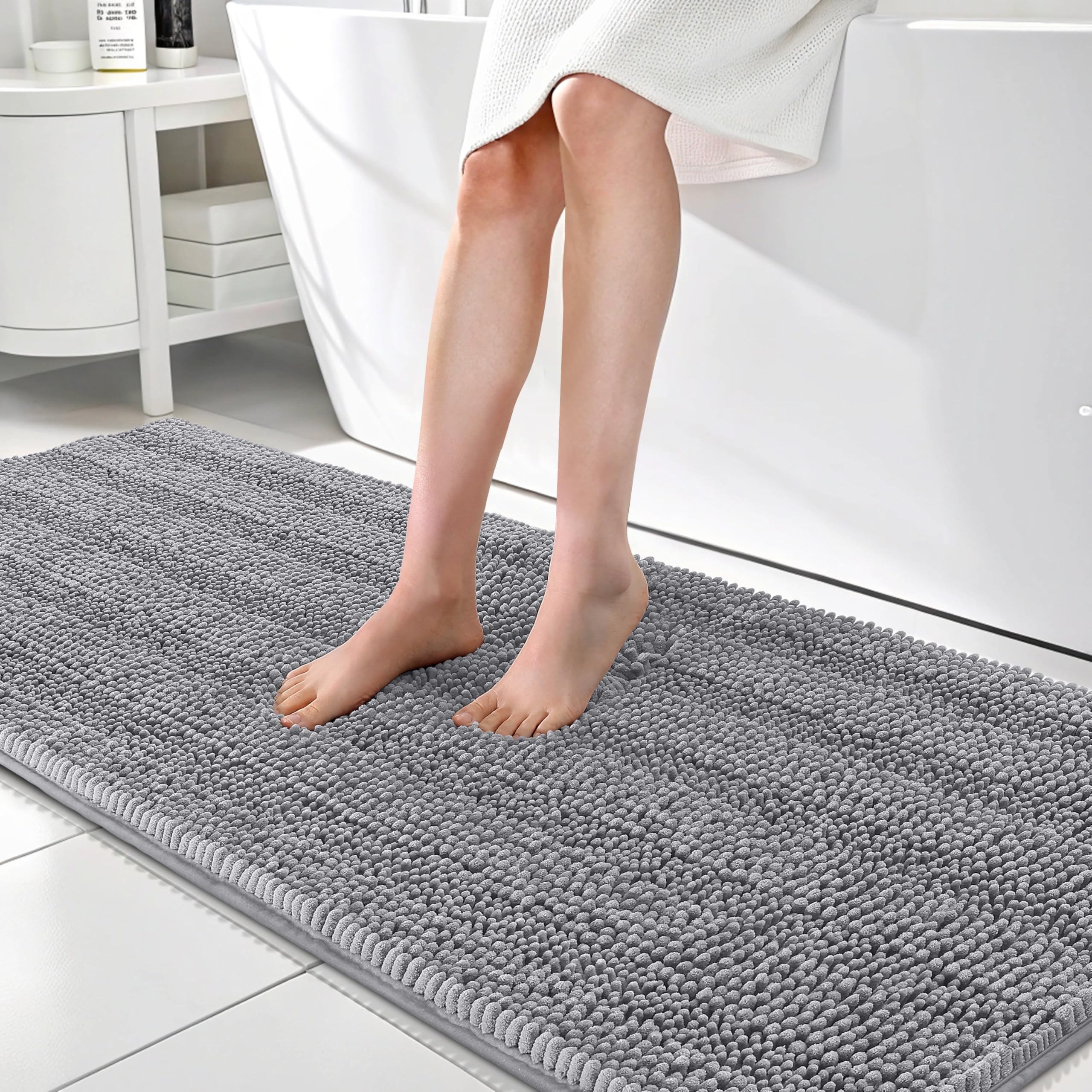 OLANLY Thick Bathroom Runner Rugs 70x24, Soft Chenille Long Bath Rugs, Grey