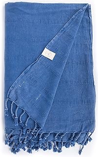 Bersuse 100% Algodón - Troy XXL Manta Toalla Turca - Multiusos Colcha de Cama, Funda de Sofa - Fouta para Baño y Playa, Lavada con Piedra - Oeko-Tex - 148 x 206 cm, Azul