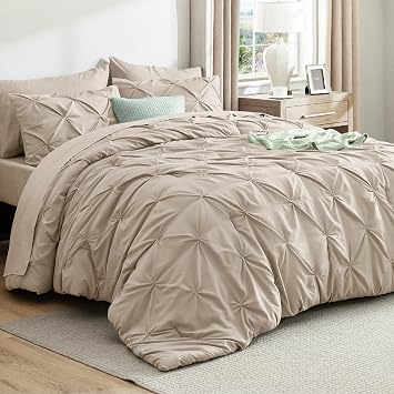 Bedsure 7-Piece Oversized King Comforter & Sheet Set, Beige Bed in a Bag | Ultra-Soft Microfiber with Down Alternative, Deep Pocket Fitted Sheet, Pintuck Design, Room Decor, OEKO-TEX Certified