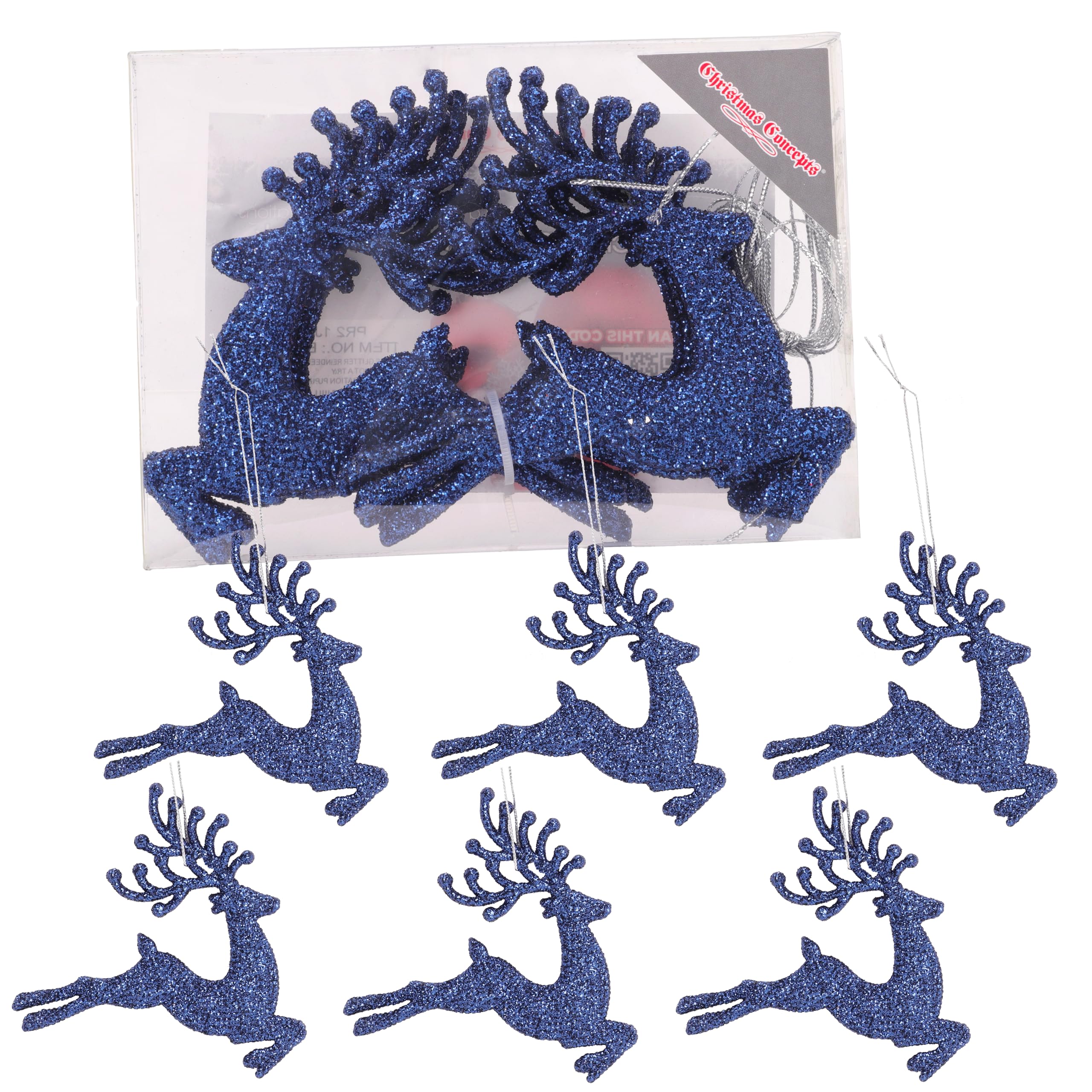 Christmas Conceptsยฎ- 100mm (4") Pack Of 6 Glittery Reindeer Baubles - Christmas Tree Decorations (Midnight Blue)