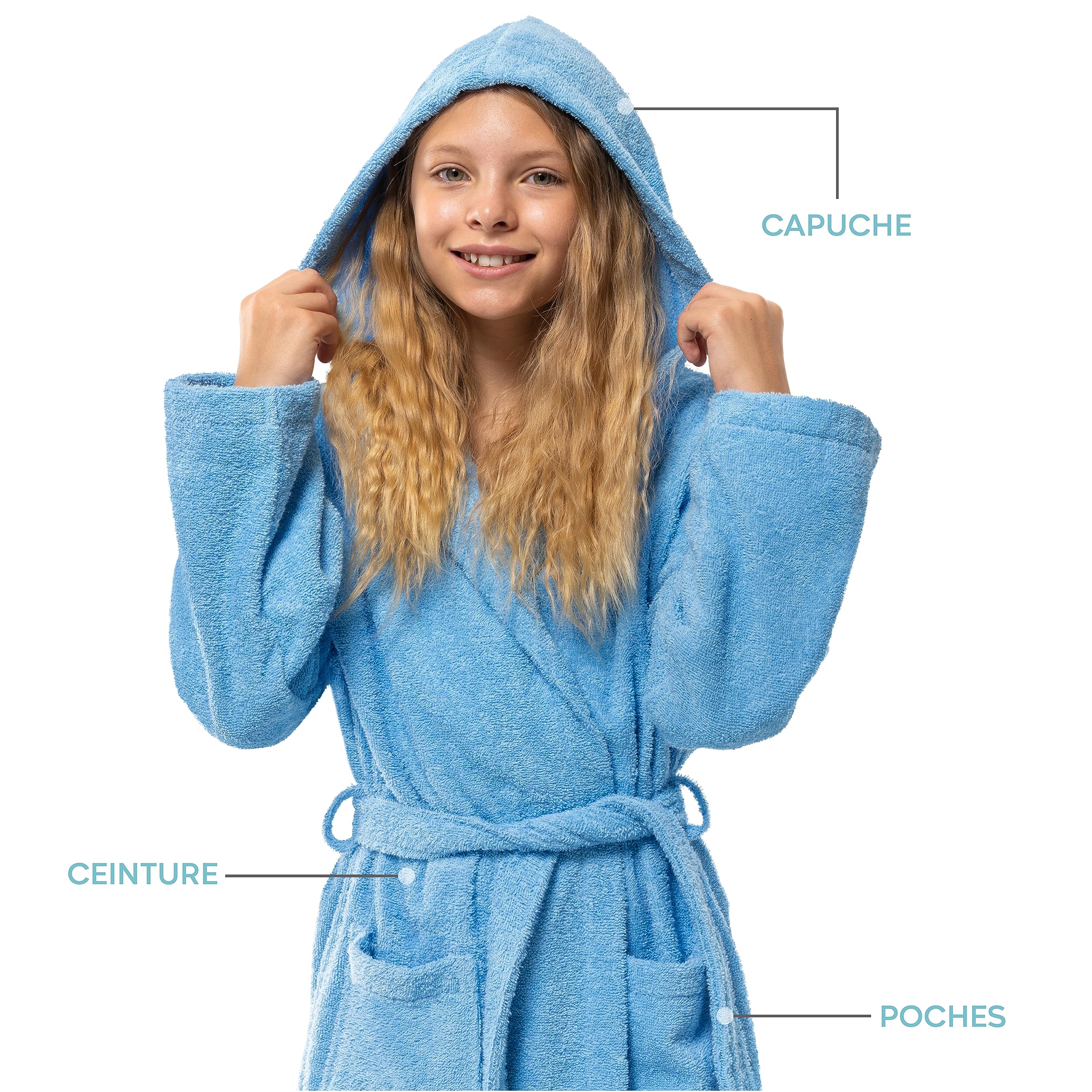 Twinzen Peignoir Adolescent à Capuche - Garçon/Fille, 100% Coton OekoTex, Tissu Éponge Ultra Doux et Absorbant
