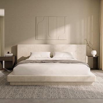 RECCI Cloud King Bed Frame with Extra Wide Upholstered Headboard, 5 Inch Foam Fully Cushioned Platform, Easy Assembly, No Box Spring Needed (Beige)