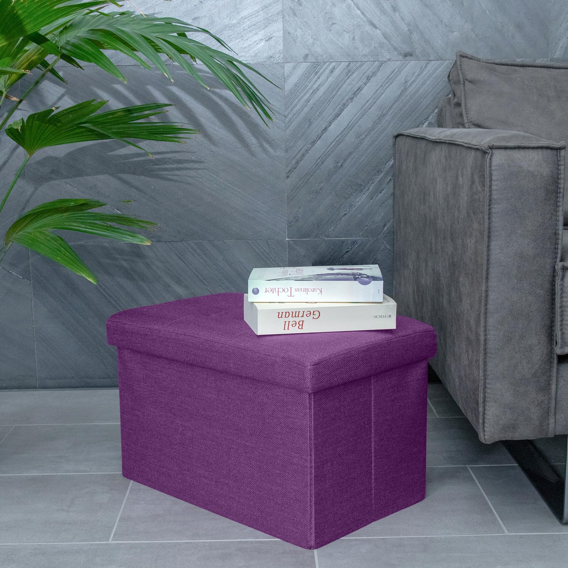 INTIRILIFE Panca pieghevole 49x30x30 cm in VIOLA - Cubo di seduta con coperchio e vano portaoggetti in tessuto con incavi Cubo di seduta poggiapiedi richiudibile cassetto portaoggetti sgabello sedile